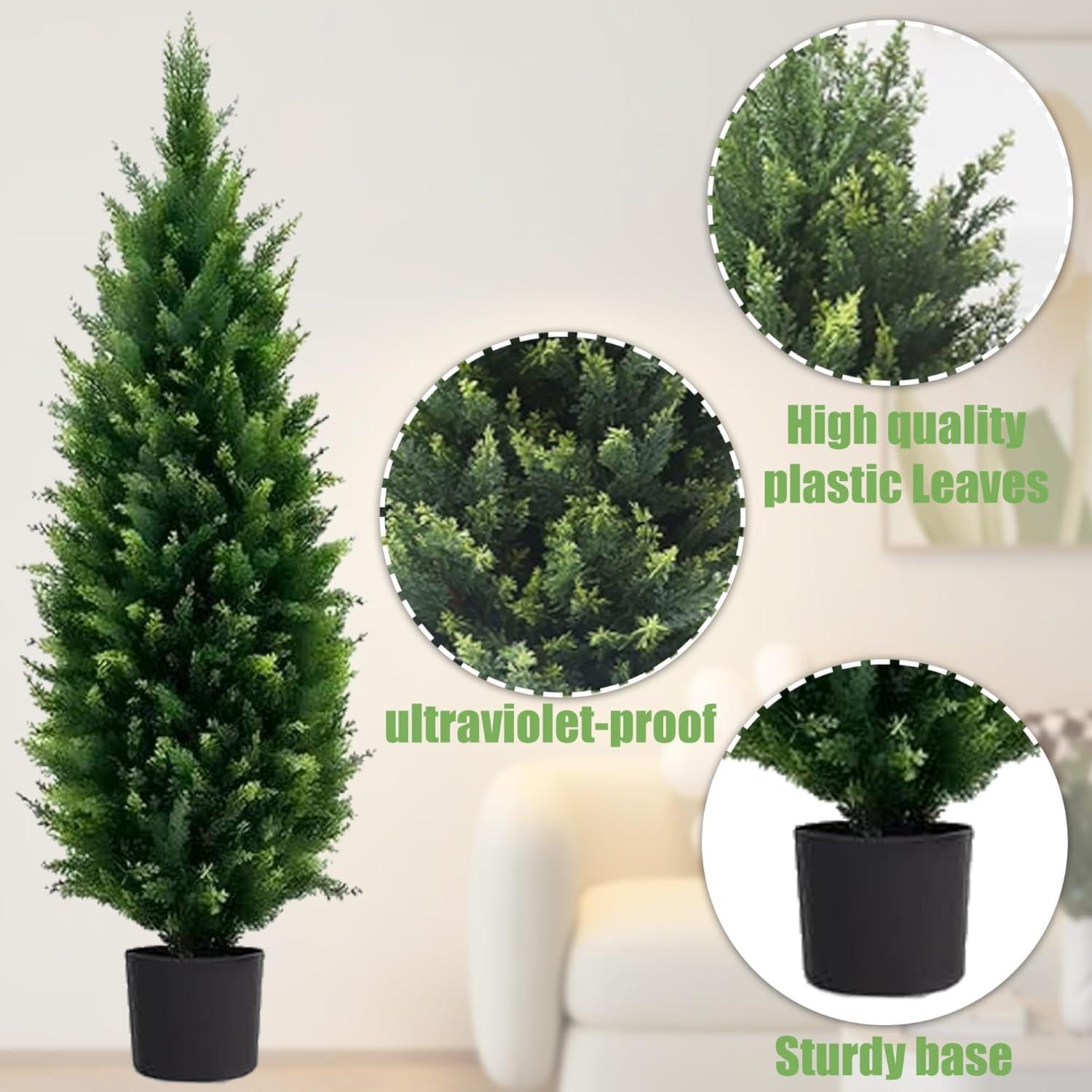 4FT 2-Pack Artificial Cedar Topiary Trees UV Resistant Potted Shrubs Fake Plants, Faux Pine Tree Plant for Home Office Garden Front Porch Patio Indoor Outdoor Party Wedding  Decor