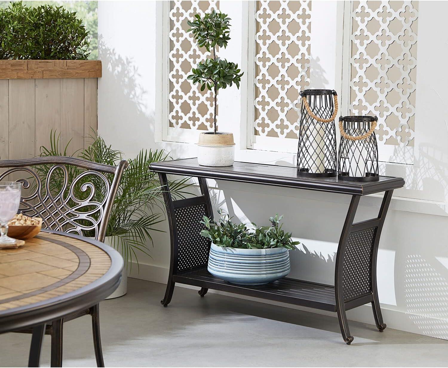 Hanover Traditions Outdoor Patio 50" Slat Top Console Table, 2 Shelf, Brushed Bronze Finish, Rust-Resistant, All-Weather - TRADCONTBL