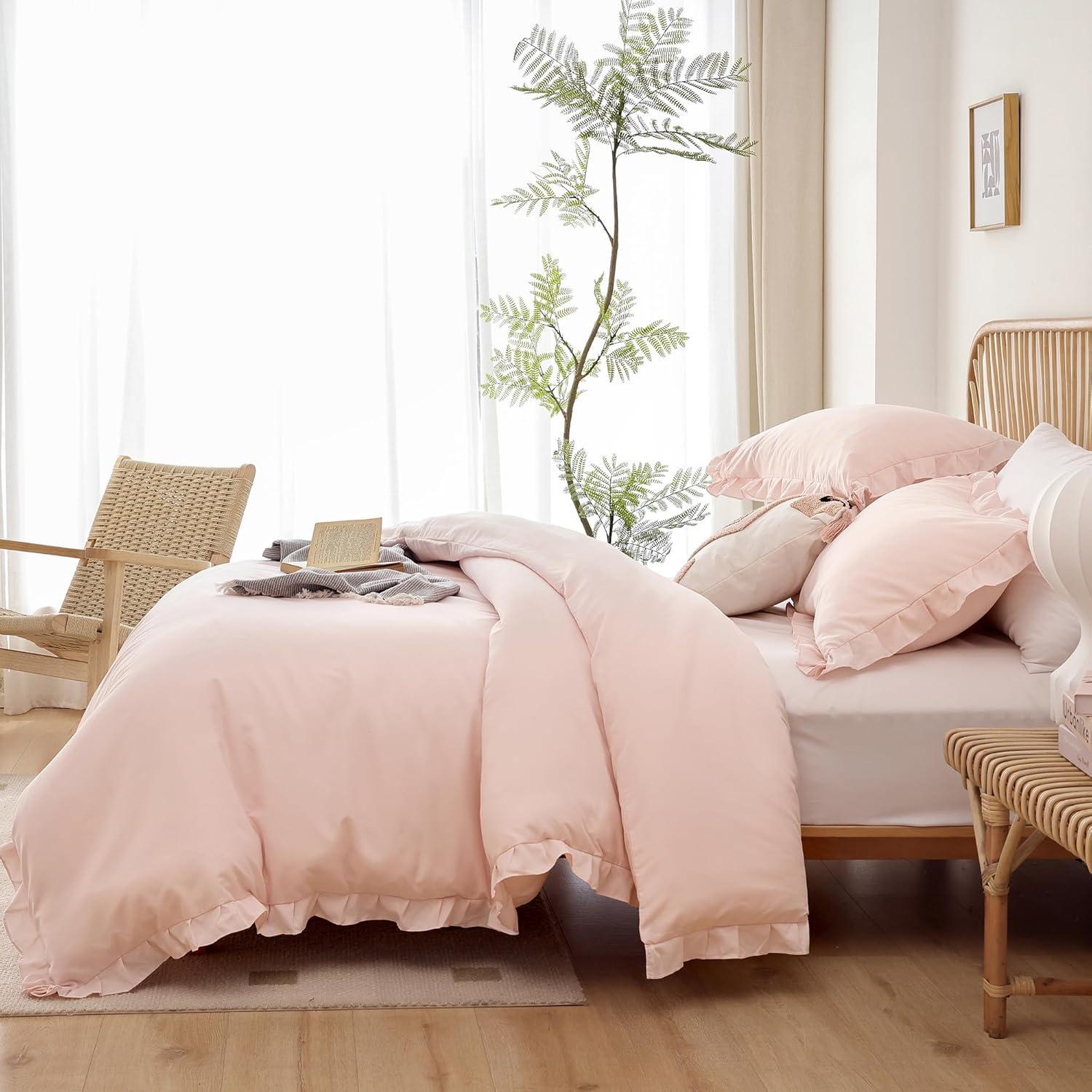 SPRINDAY Full Size Comforter Set For Adult, 3 Piece Ruffle Pink Comforter Sets All Season