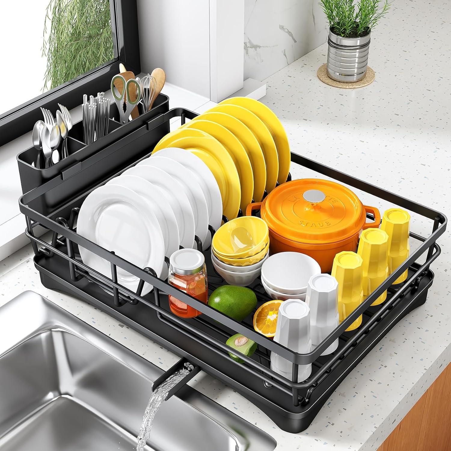 BEACHWATER POOL & SPA, LLC Dish Drying Rack For Kitchen Counter - Large Dish Rack With Drainboard, Rustproof Dish Drainer With Utensil Holder For Sink