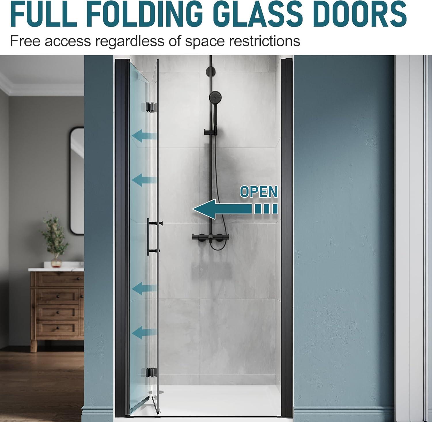 Sunny Shower Bifold Pivot Swing Frameless Shower Door in Black 34 in.W x 72 in.H