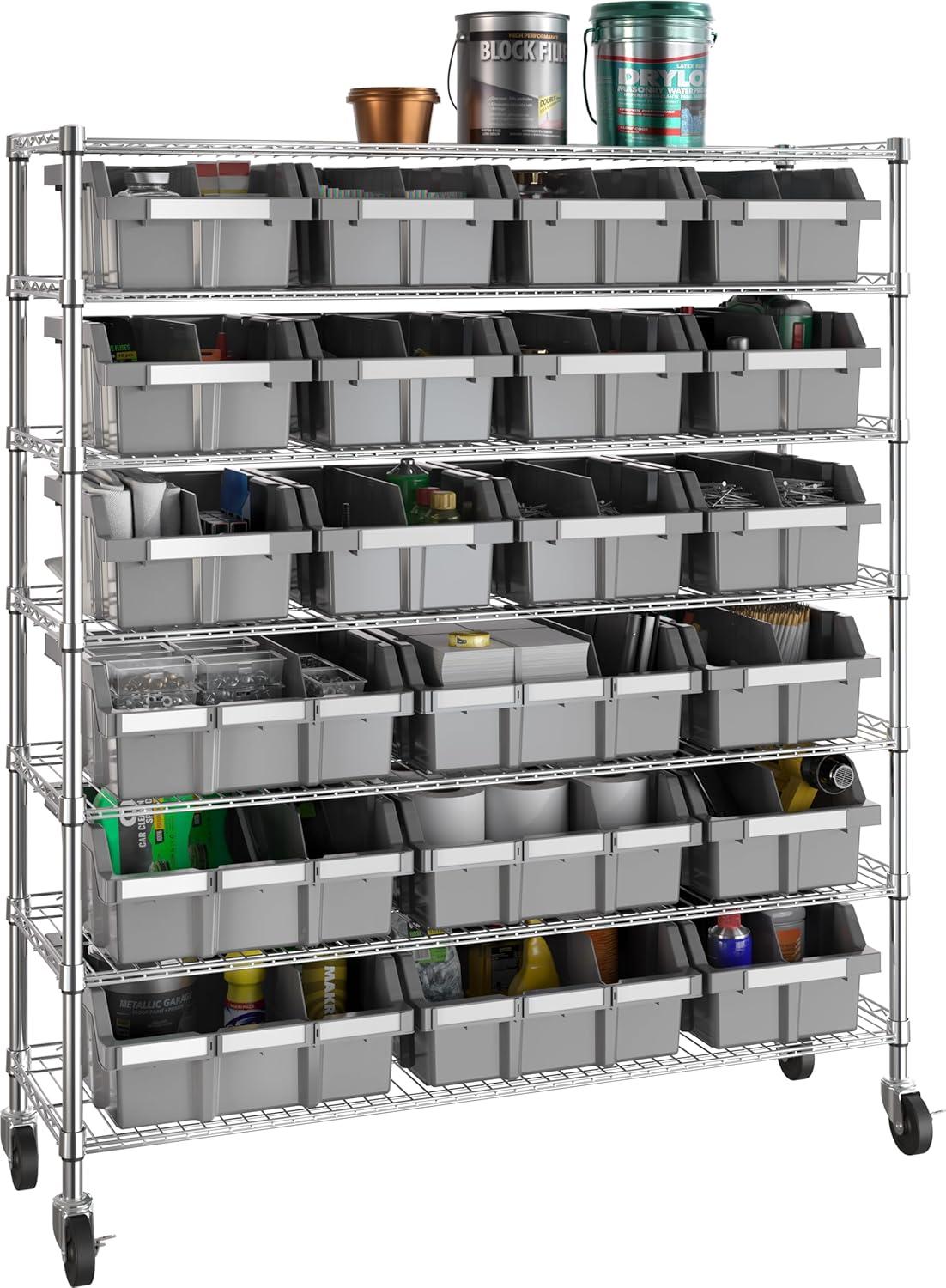 48" W NSF-Certified Commercial 7-Tier 21-Bin Storage Rack with Wheels