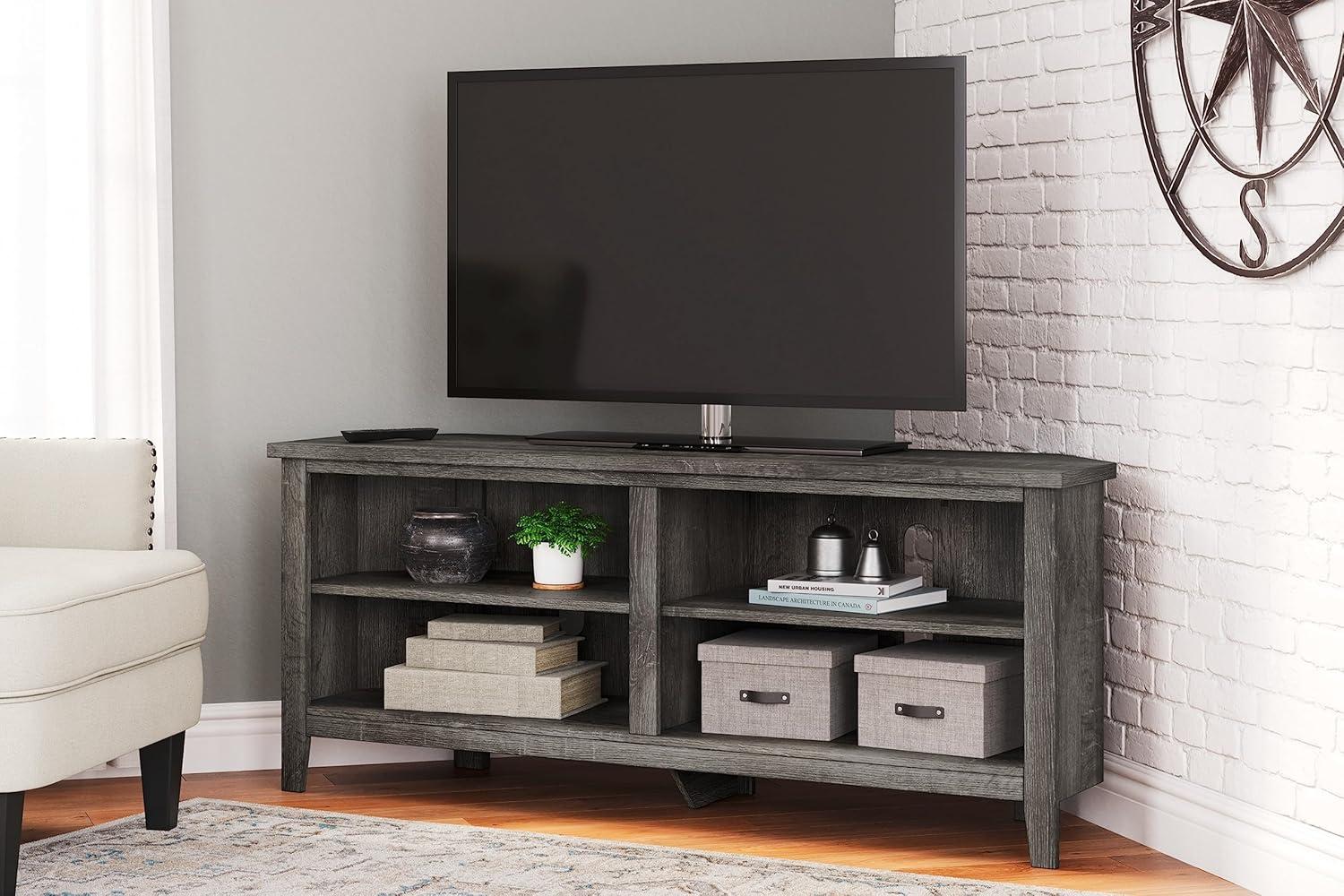 Gray Weathered Oak Corner TV Stand with Shelves