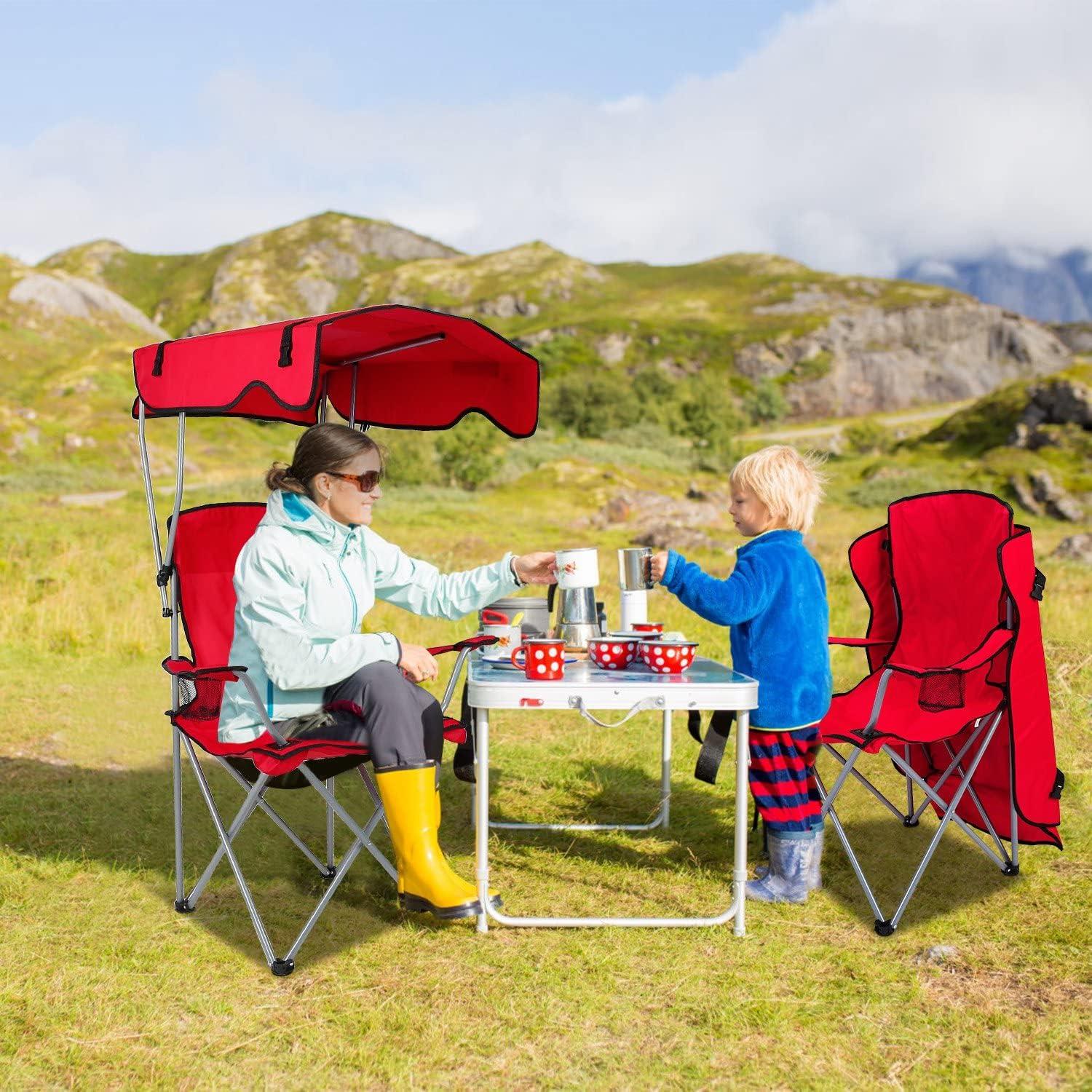 Red Foldable Camping Chair with Canopy and Cup Holder