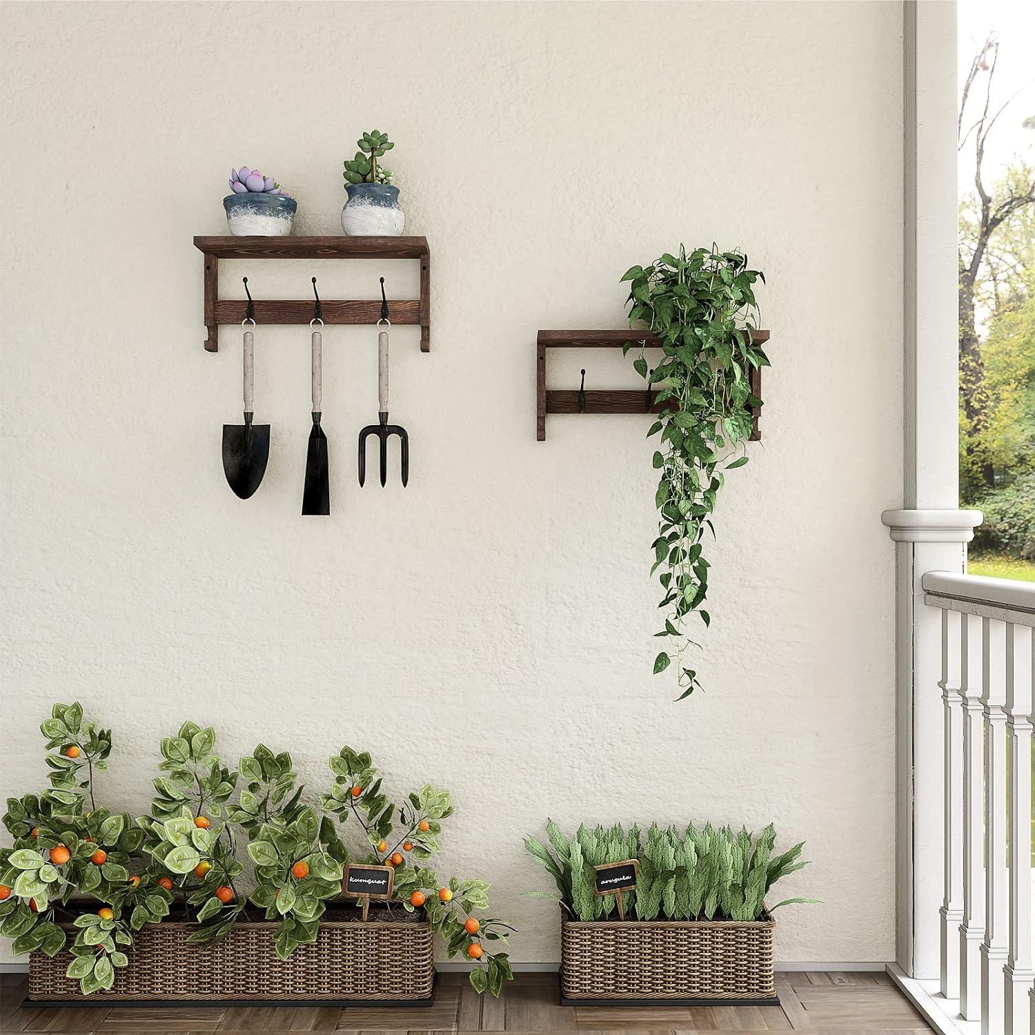 Brown Wood Wall-Mounted Entryway Shelf with Hooks