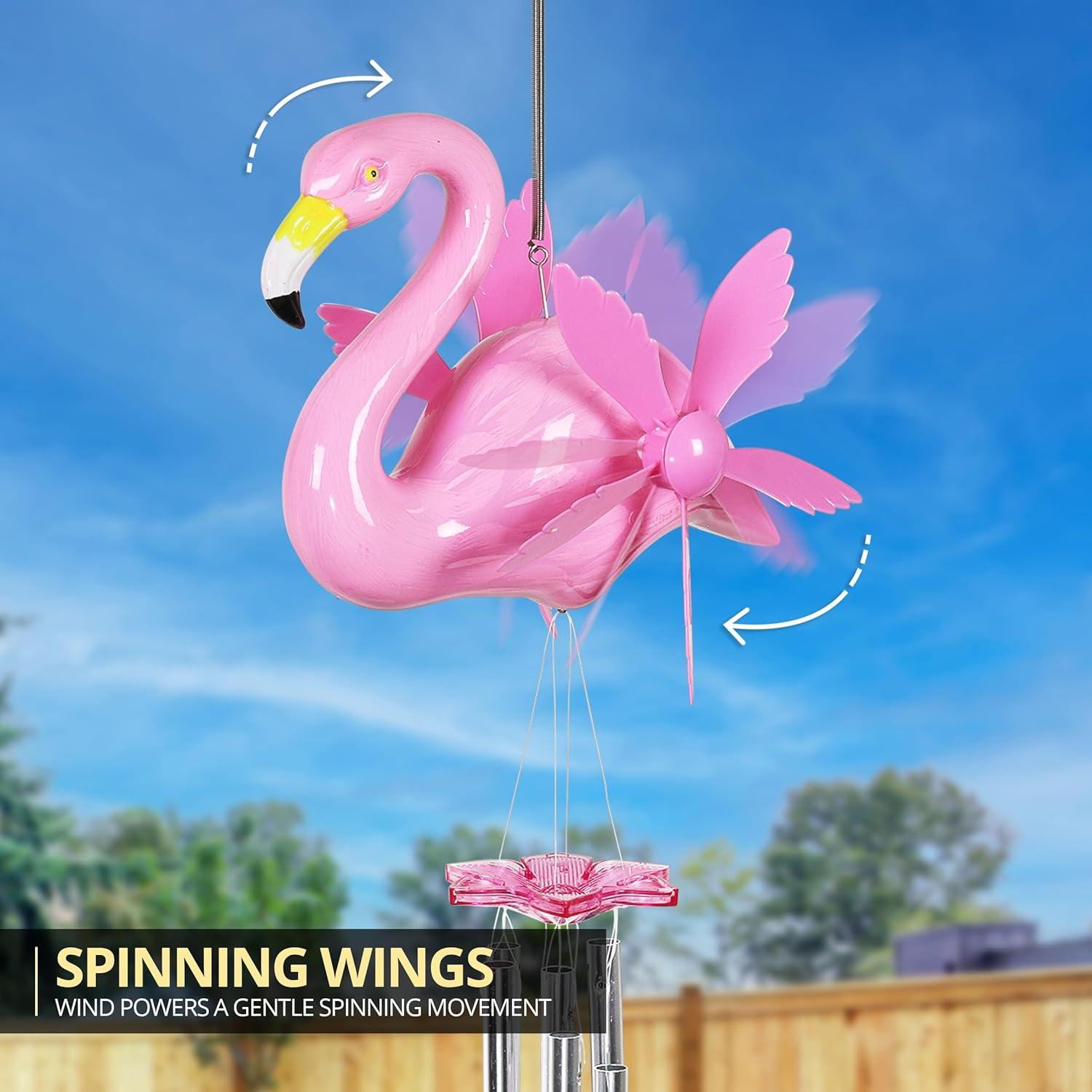 Exhart Large WindyWings Whirligig Flamingo Spinning Wind Chime, 11 by 24 Inch