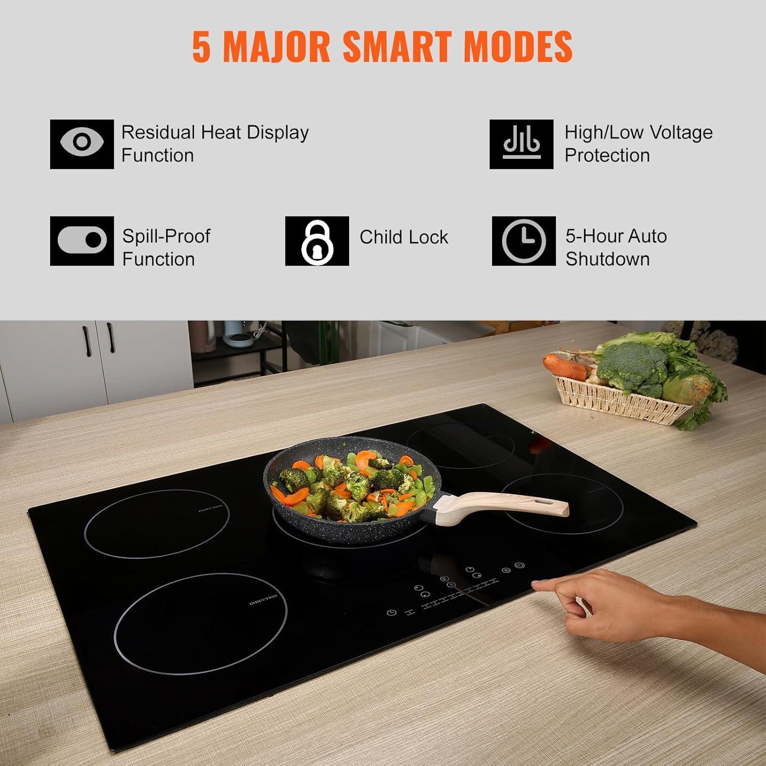 30-Inch Black Ceramic 5-Burner Induction Cooktop with Touch Control