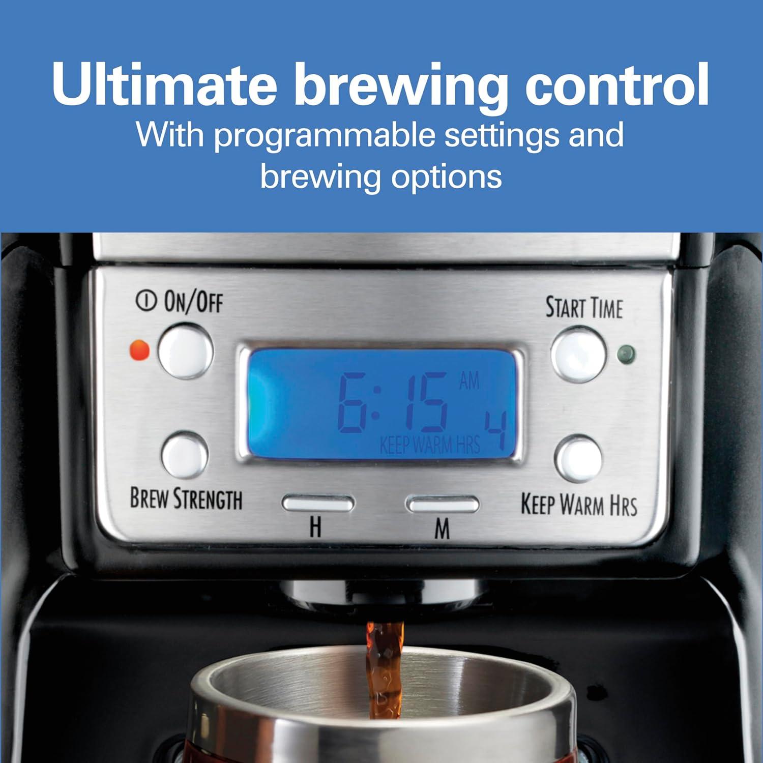 One Press Programmable Dispensing Drip Coffee Maker with 12 Cup Internal Brew Pot, Water Reservoir, Black with Chrome (48464)