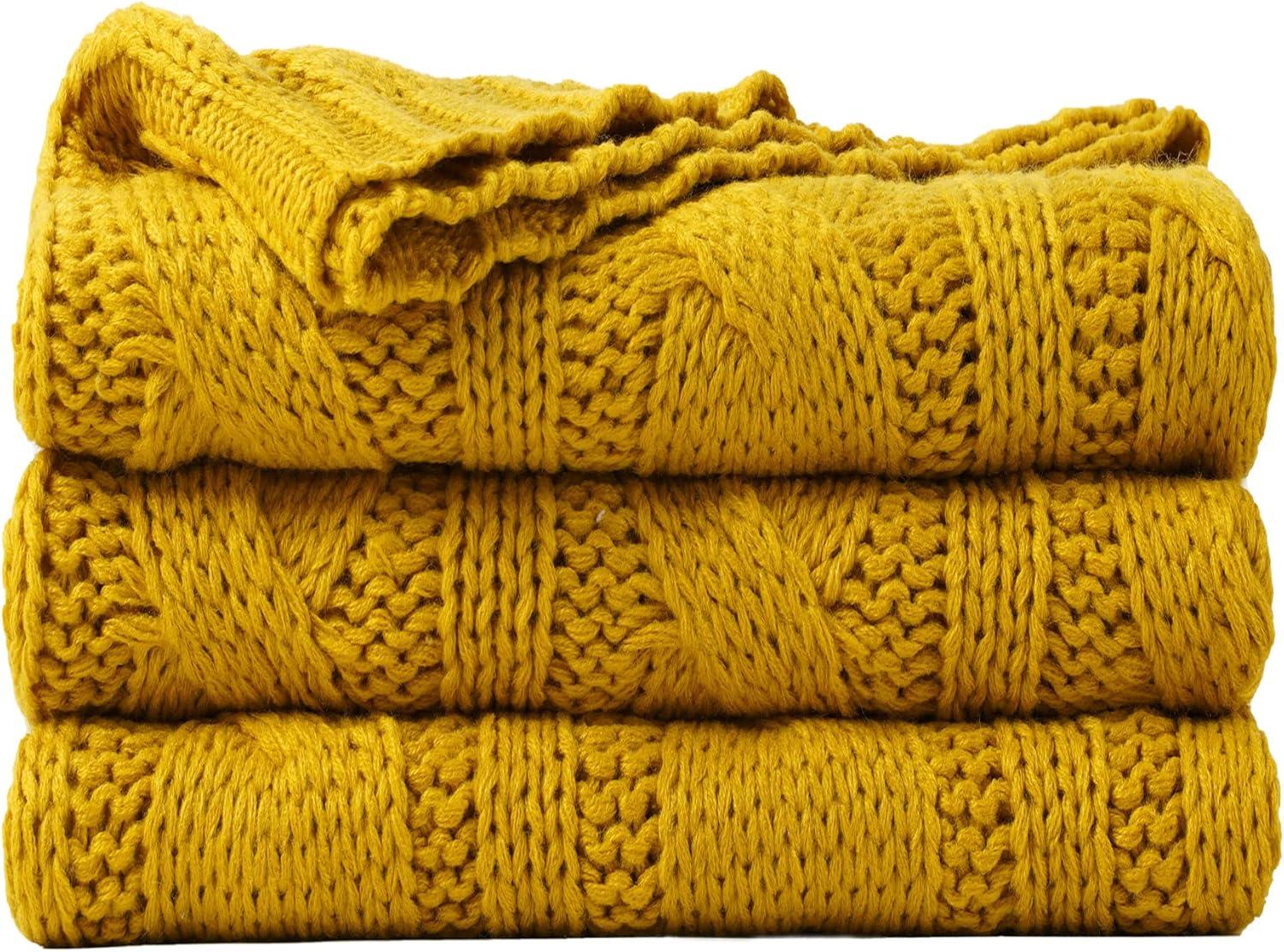 Battilo Mustard Cable Knit Blankets,Yellow Herringbone Blankets,Dorm Essentials,50" x 60"