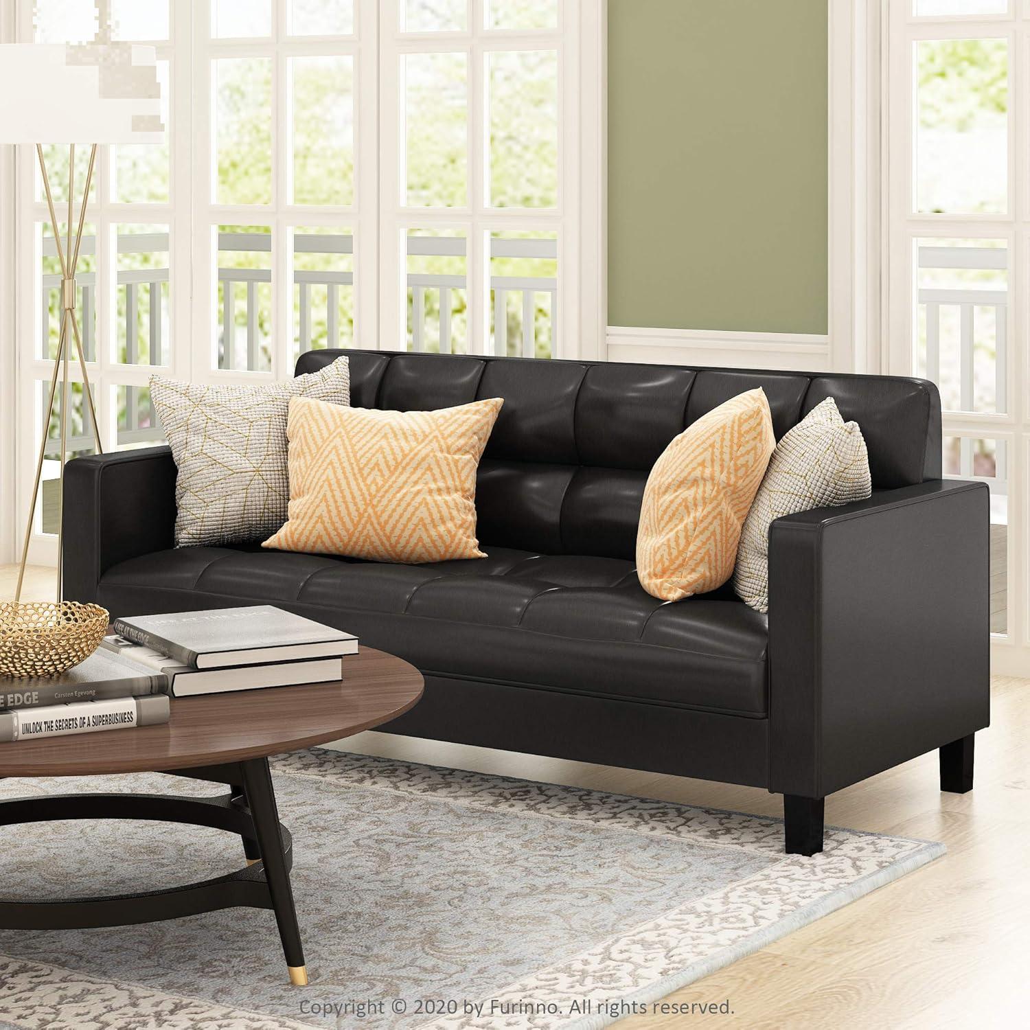 Furinno Brive Contemporary Tufted 3-Seater Sofa, Black Faux Leather