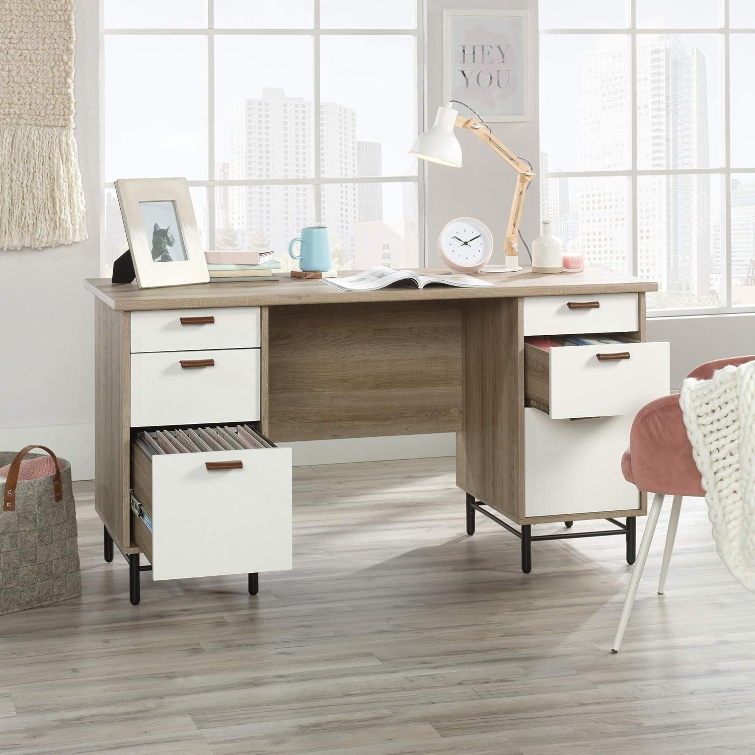 Sky Oak and White Executive Desk with Leather Drawer Pulls