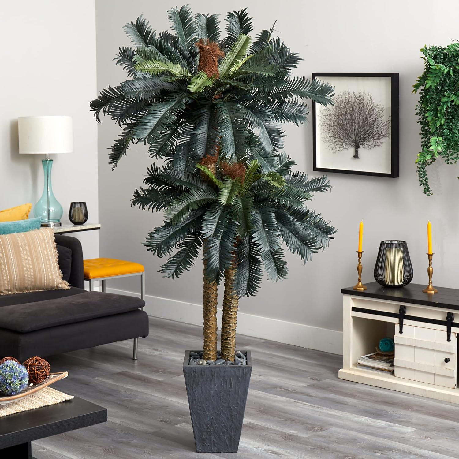 Nearly Natural 6-ft Double Sago Palm Artificial Tree Slate Finished Planter