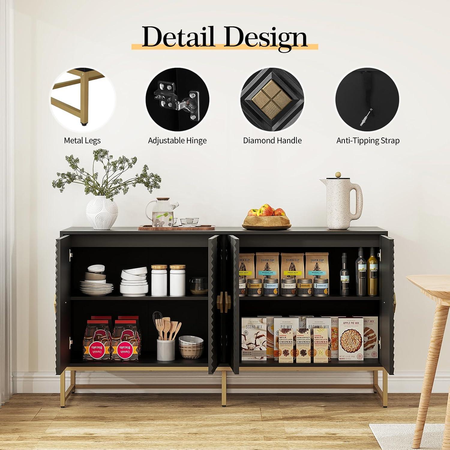 Black Wood 4-Door Sideboard with Gold Metal Legs