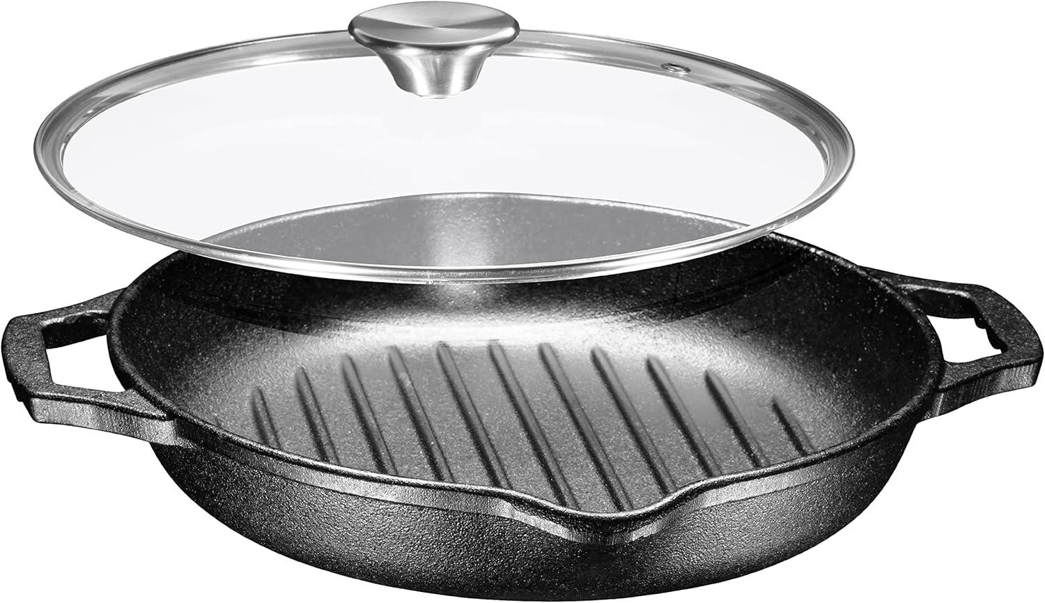 Bruntmor Enameled Cast Iron Skillet with Glass Lid | 10 Inch Deep Round Grill Pan and Frying Pan with Double Loop Handles | Black | Flat Cast Iron Skillet