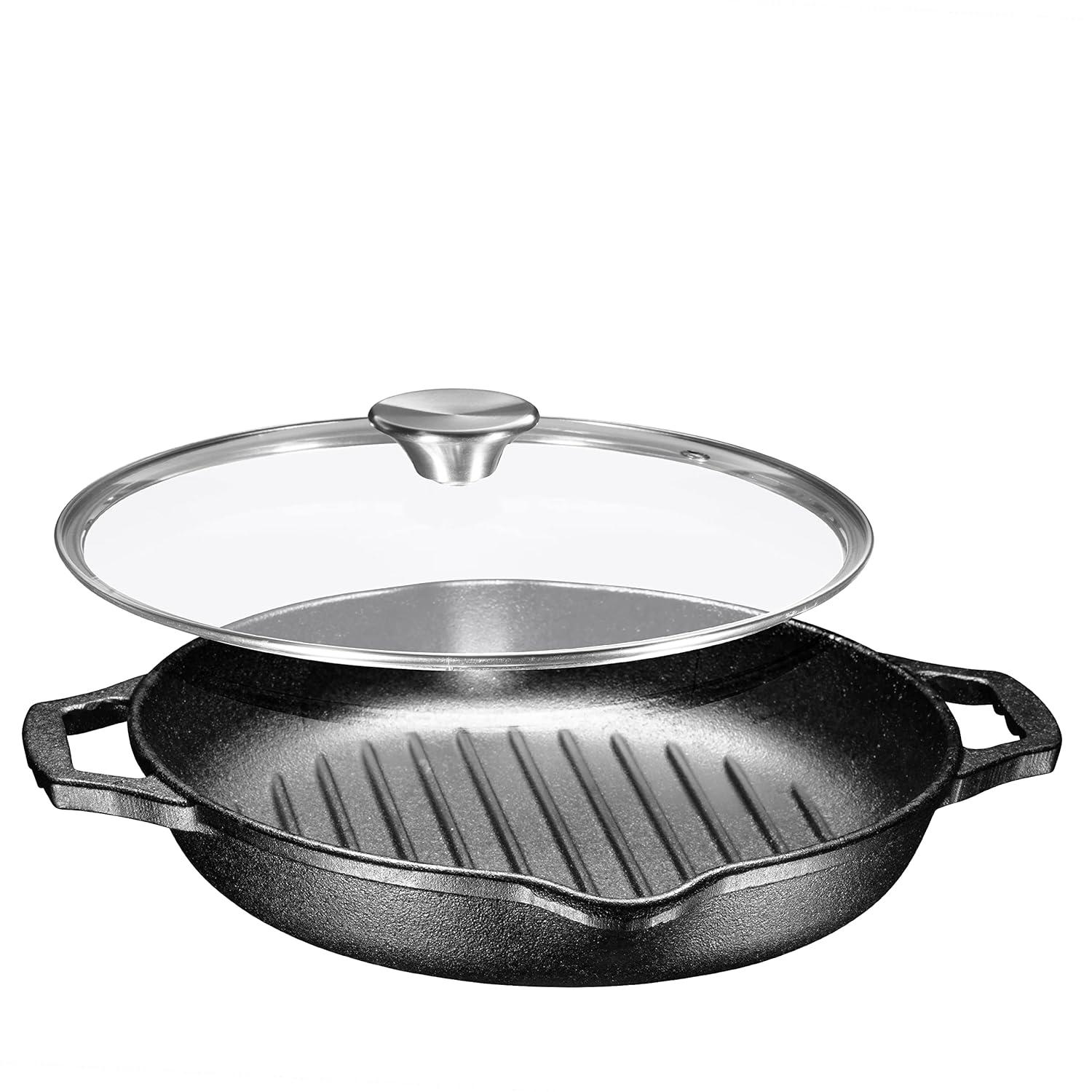 Bruntmor Enameled Cast Iron Skillet with Glass Lid | 10 Inch Deep Round Grill Pan and Frying Pan with Double Loop Handles | Black | Flat Cast Iron Skillet