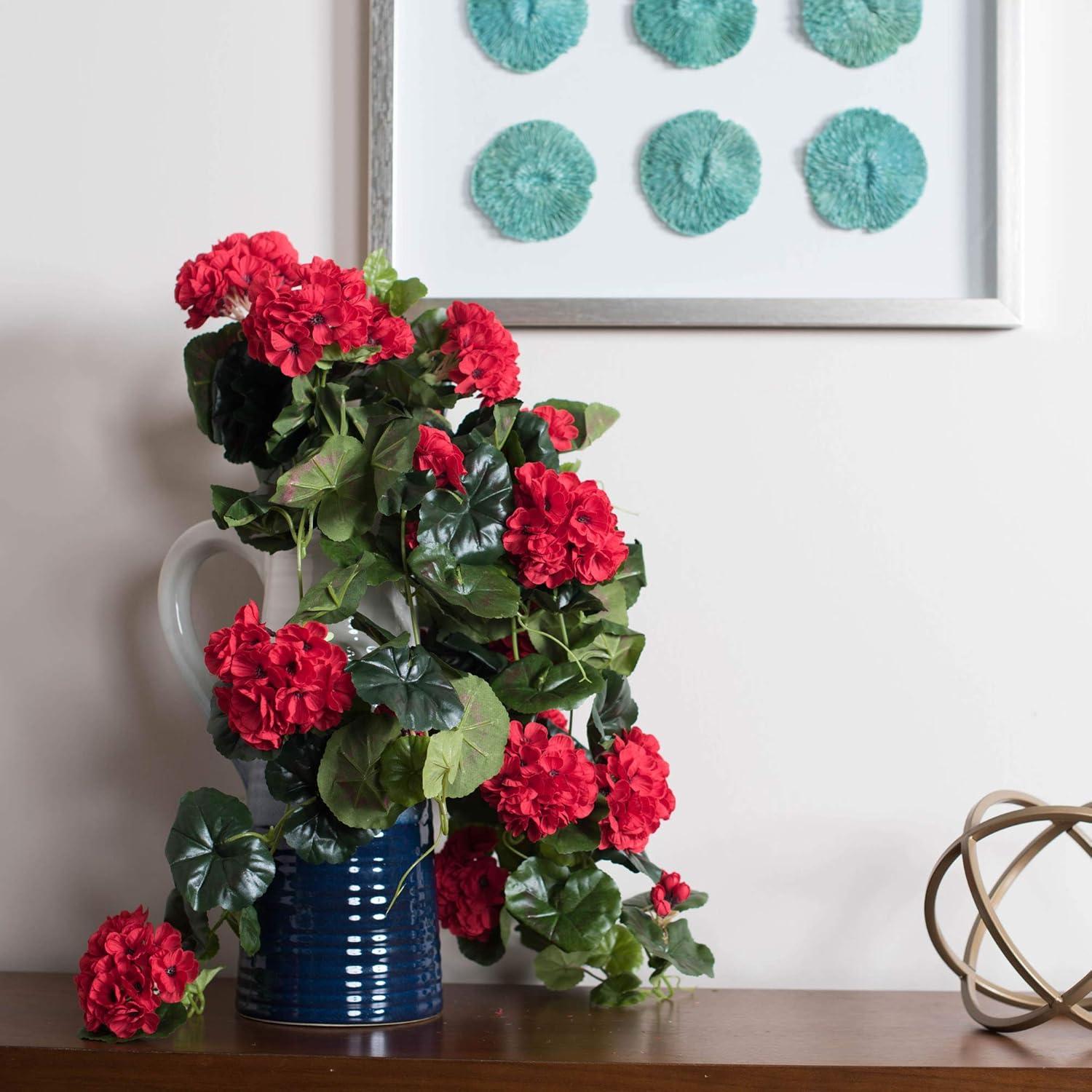 Red Polyester Geranium Hanging Bush with Green Leaves