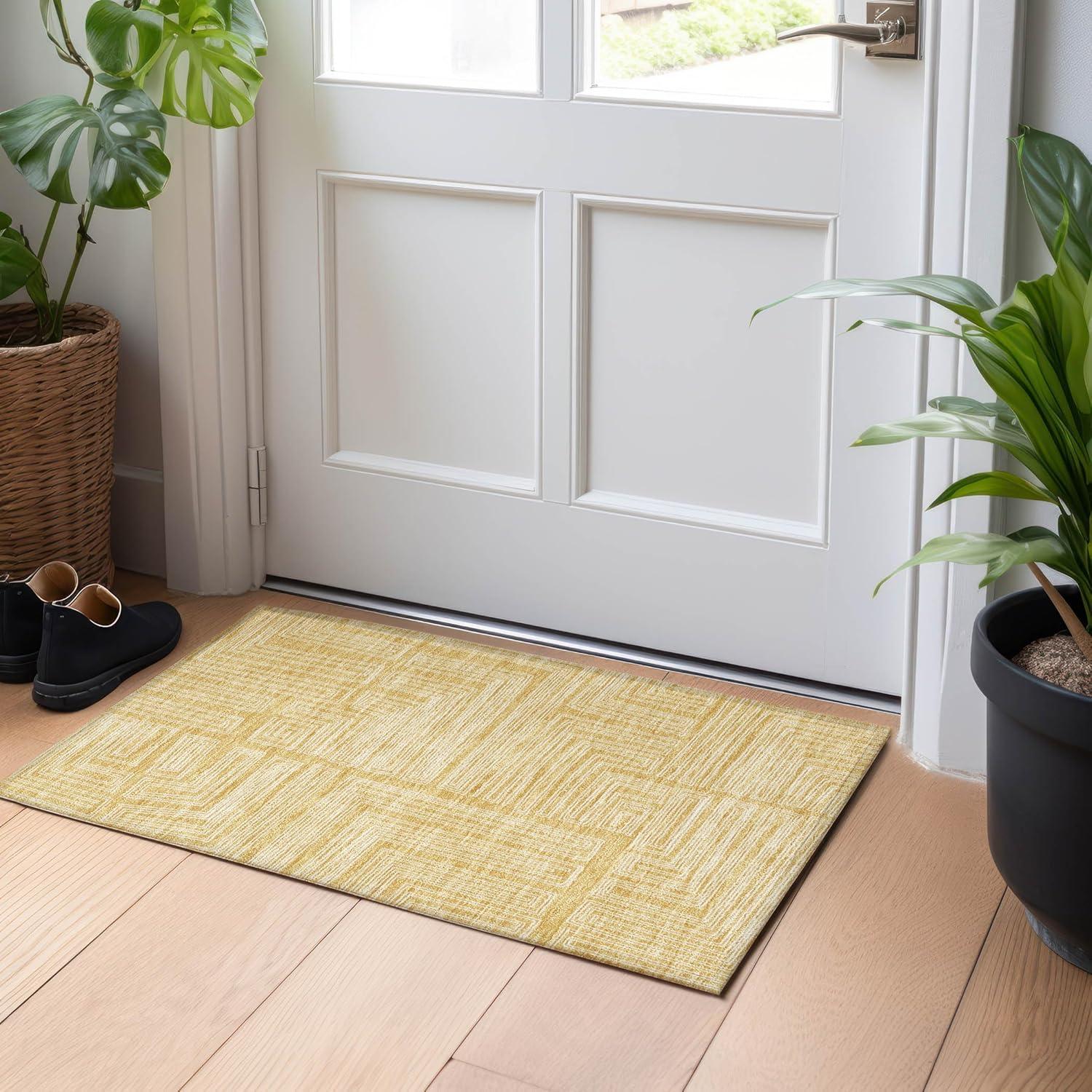 Gold Geometric Flat Woven Washable Rectangular Rug