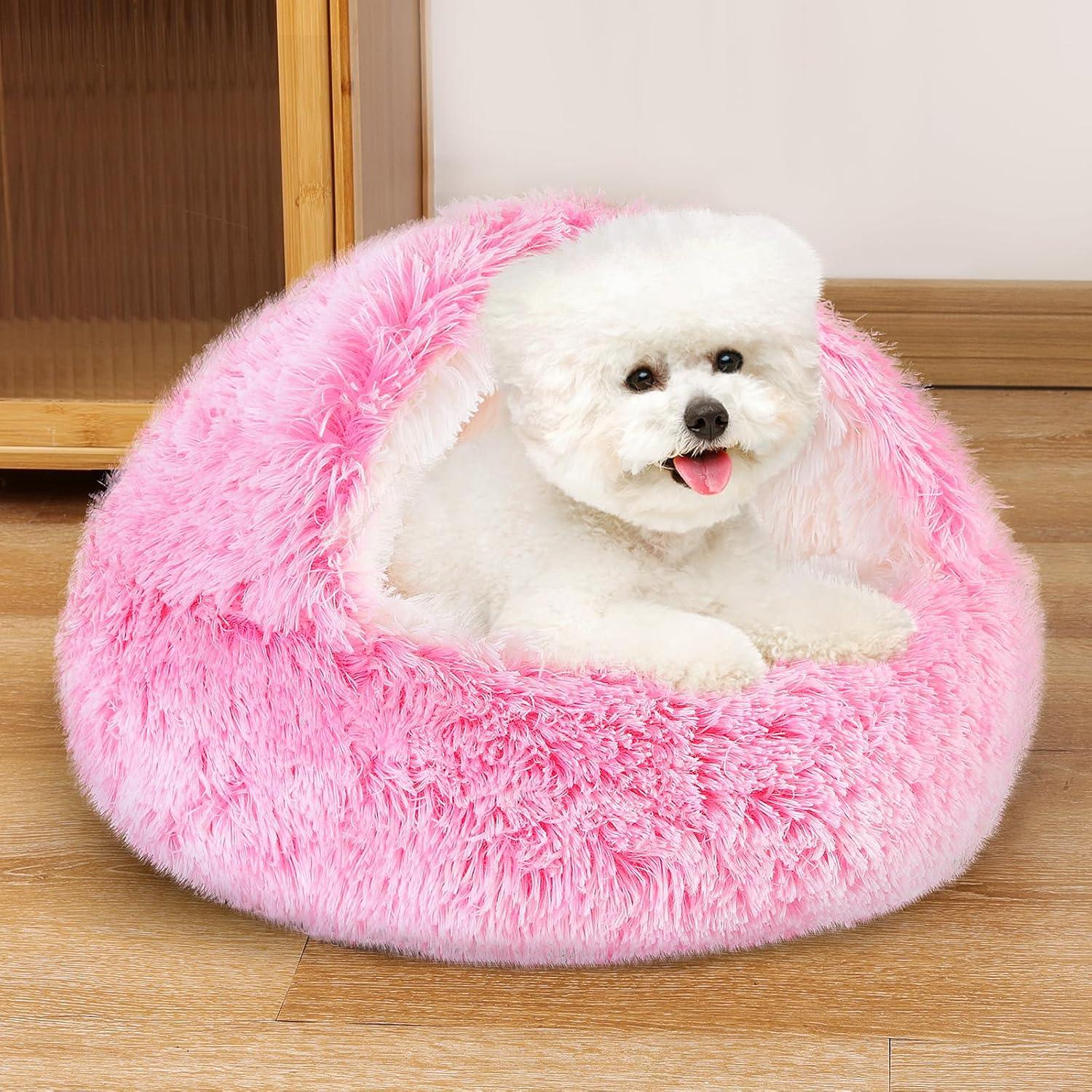 Utoimkio Calming Dog Beds & Cat Cave Bed with Hooded Cover,Portable Round Beds for Small Medium Pets,Anti-Slip Fluffy Coved Pet Bed,Comfortable Warming Pet Bed,15.7"x15.7"