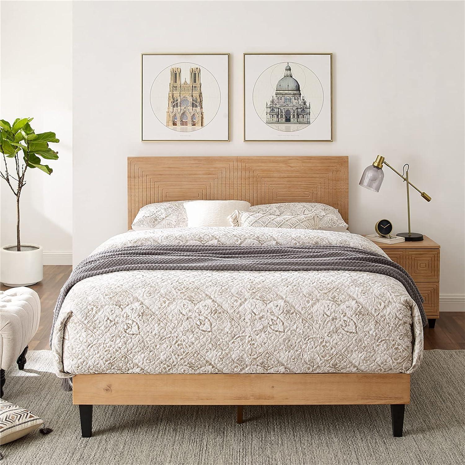 MUSEHOMEINC Queen Size Bed Frame with Adjustable Height Headboard,Mid Century Modern Wood Platform Bed,Mattress Foundation with Wooden Slat Support,No Box Spring Needed,Easy Assembly(Queen)