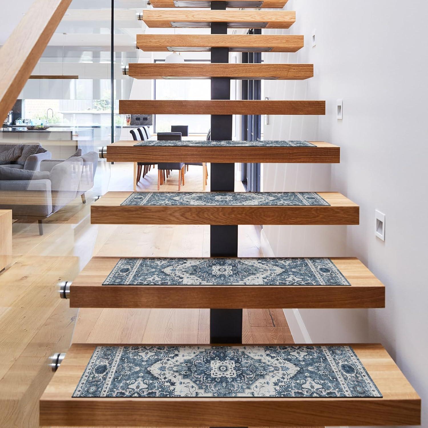 Capslpad Stair Treads Non Slip, 15 Pack 30"X8" Super Non Slip Reusable Staircase Step Treads, Soft Rubber Stair Treads for Wooden Steps, Pets, Elders (Navy Blue)