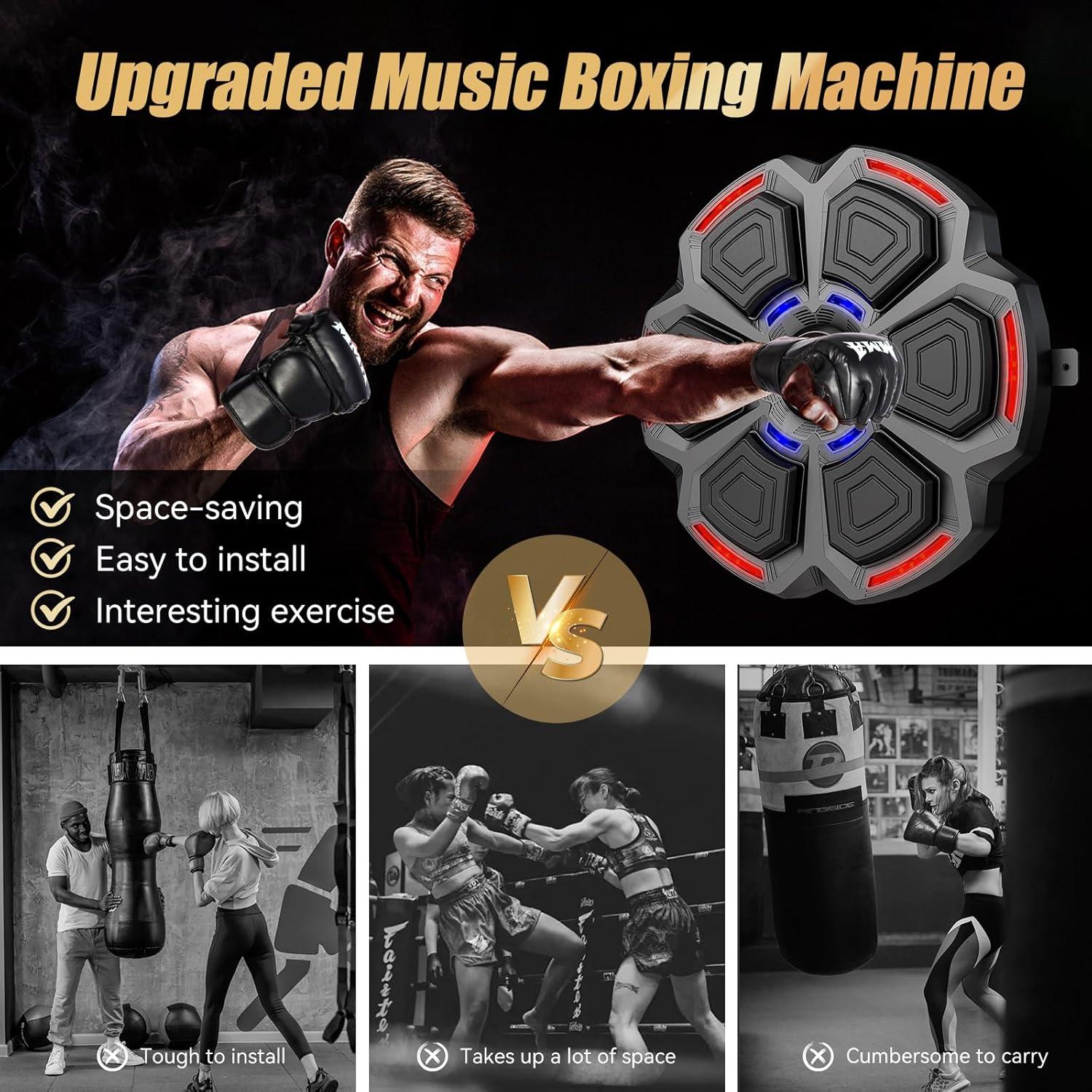 Music Boxing Machine for Adults : Smart Bluetooth Wall Mounted Punching Trainer with Gloves - Interactive Boxing Target - Workout Boxing Equipment for Home Gym Office