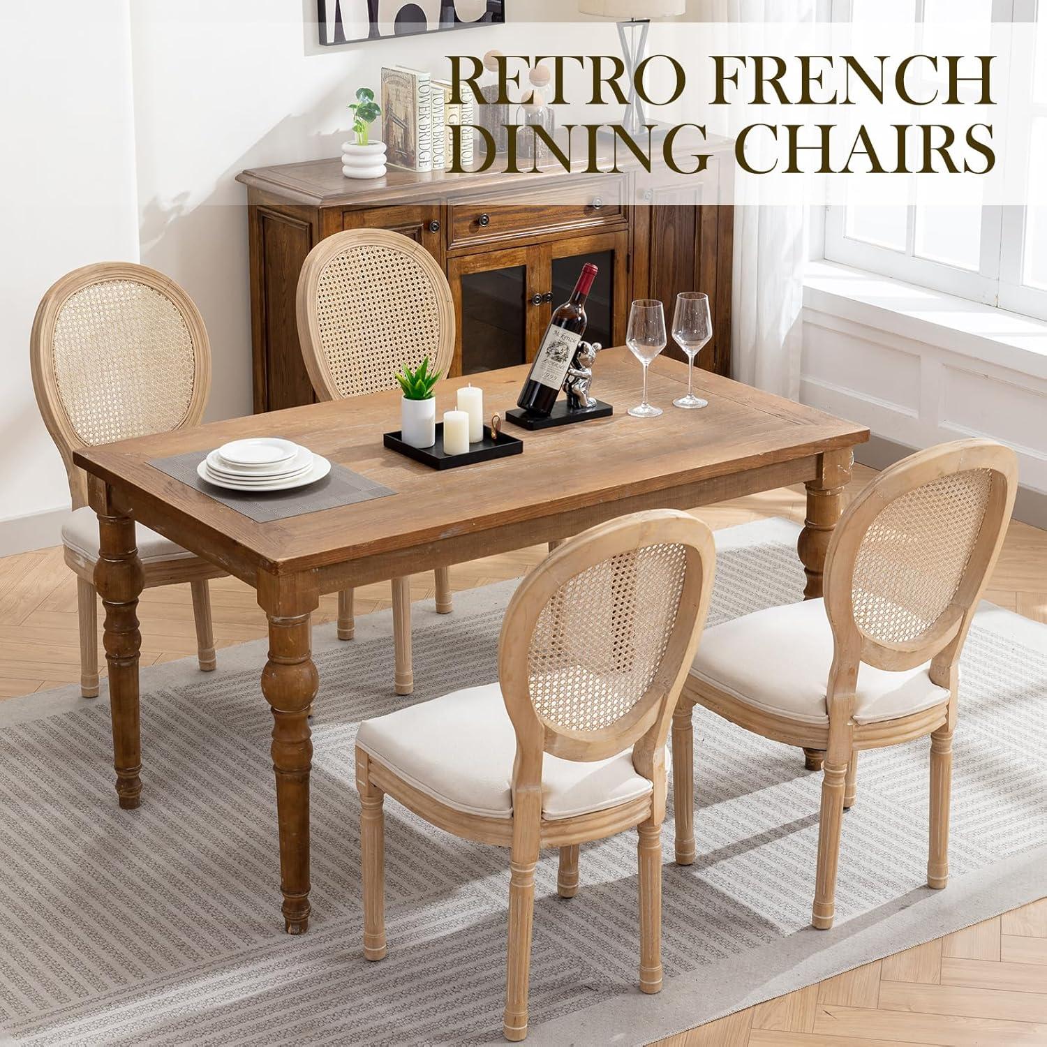 One Allium Way® French Style Rattan Back Solid Wood Upholstered Dining Chairs(Set of 6)