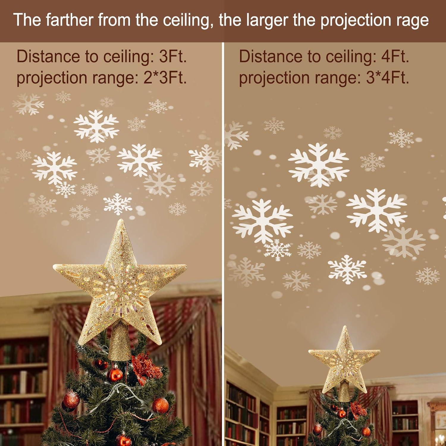 HESHENG Christmas Star Tree Topper with Built-in Led Snowflake Projector Lights Hollowed Pentagram Tree Topper, Plug in Christmas Tree Ornament for Xmas New Year Holiday Decoration