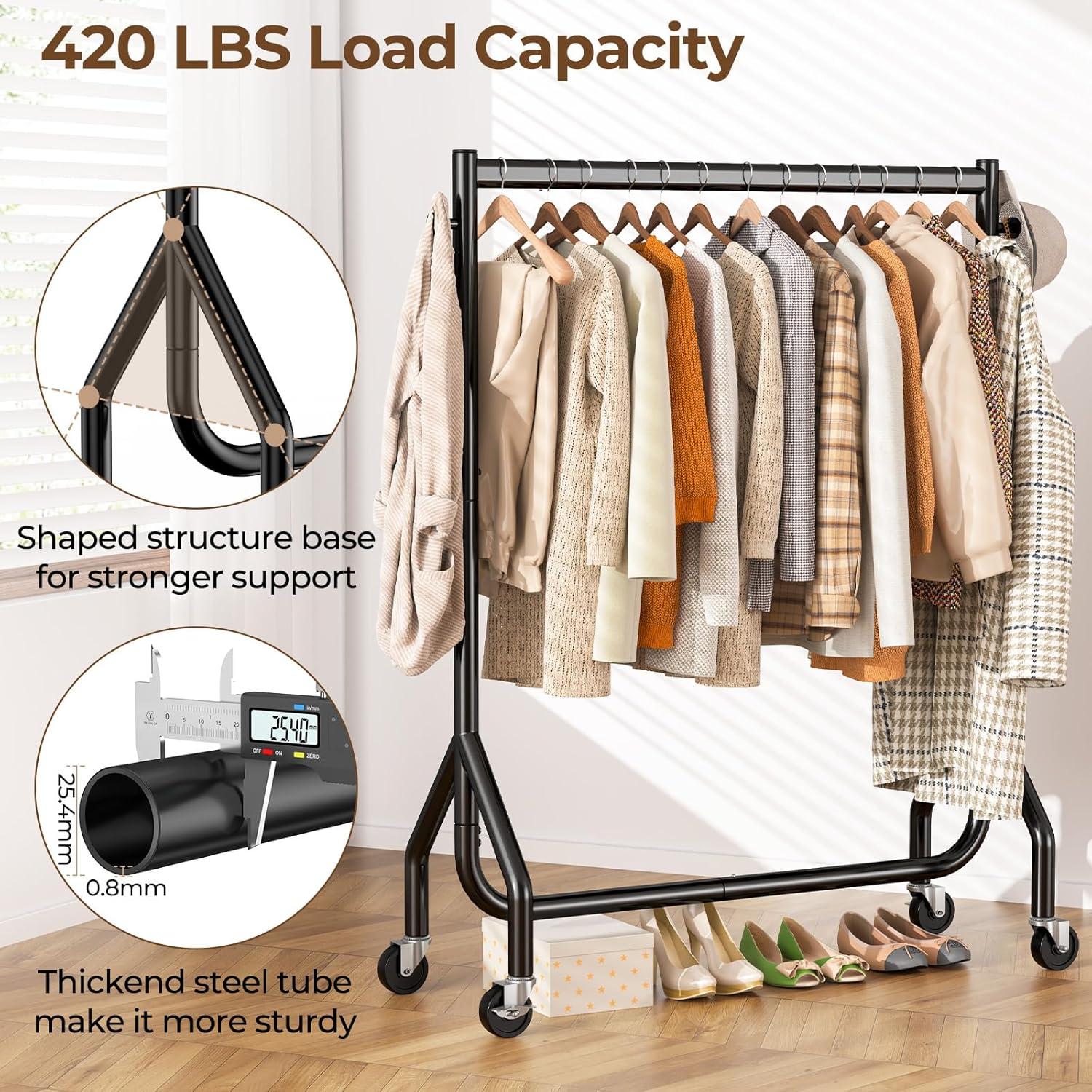 Black Heavy Duty Portable Rolling Clothes Rack with 48-Inch Metal Frame