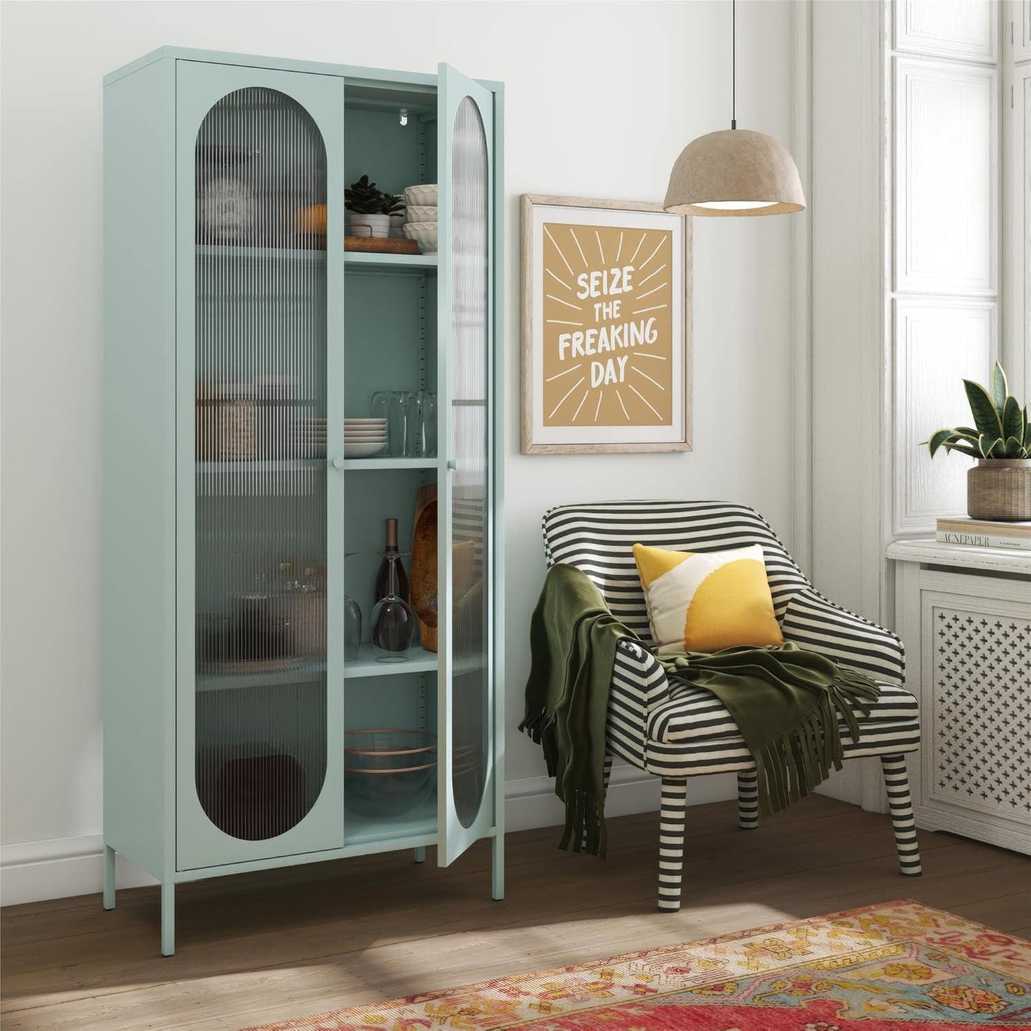 Sky Blue Tall Metal Accent Cabinet with Fluted Glass Doors