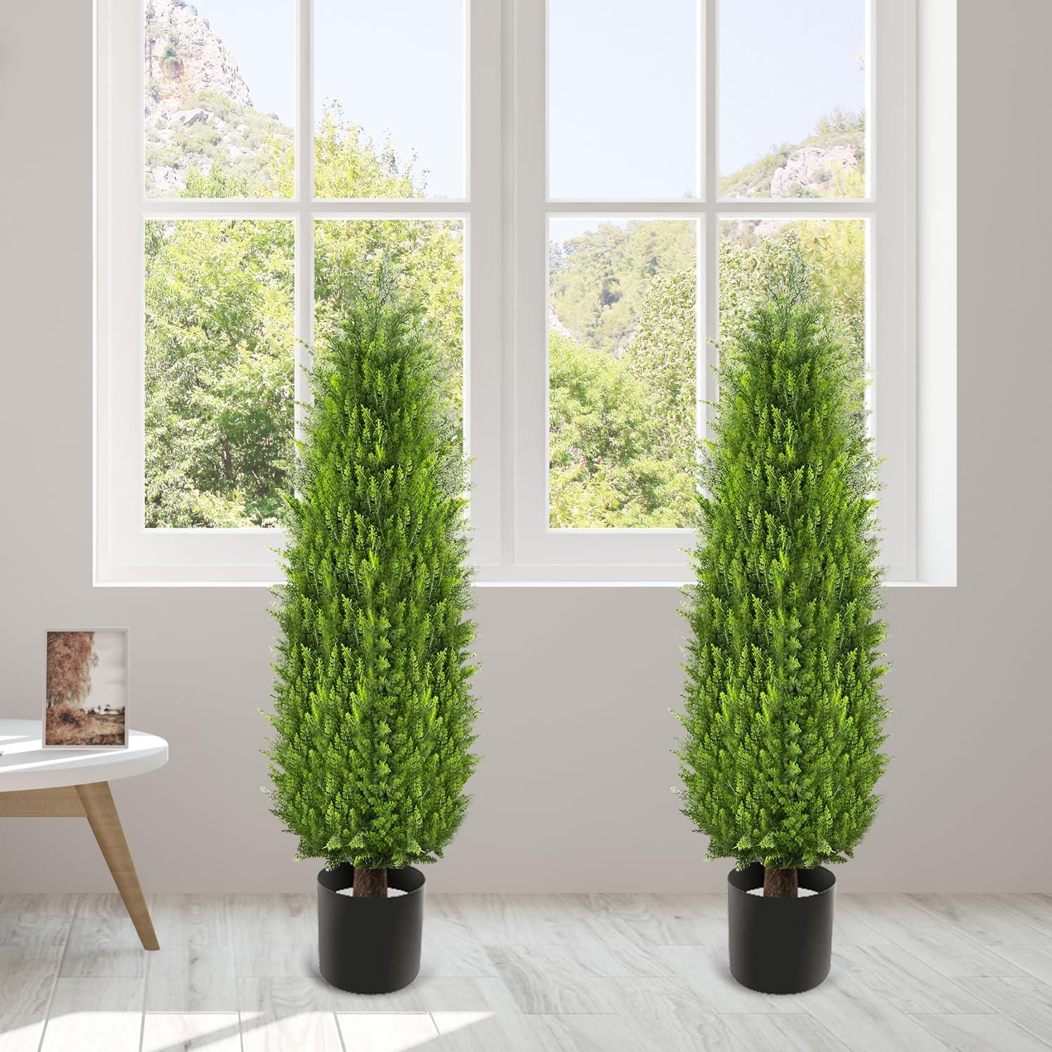 4ft Artificial Cedar Topiary Trees 2 Pack, Beautiful Realistic Artificial Plants for Outdoor, UV Protection Potted Plants Artificial Shrubs for Outdoor, Indoor, Office, Front Porch Decor.