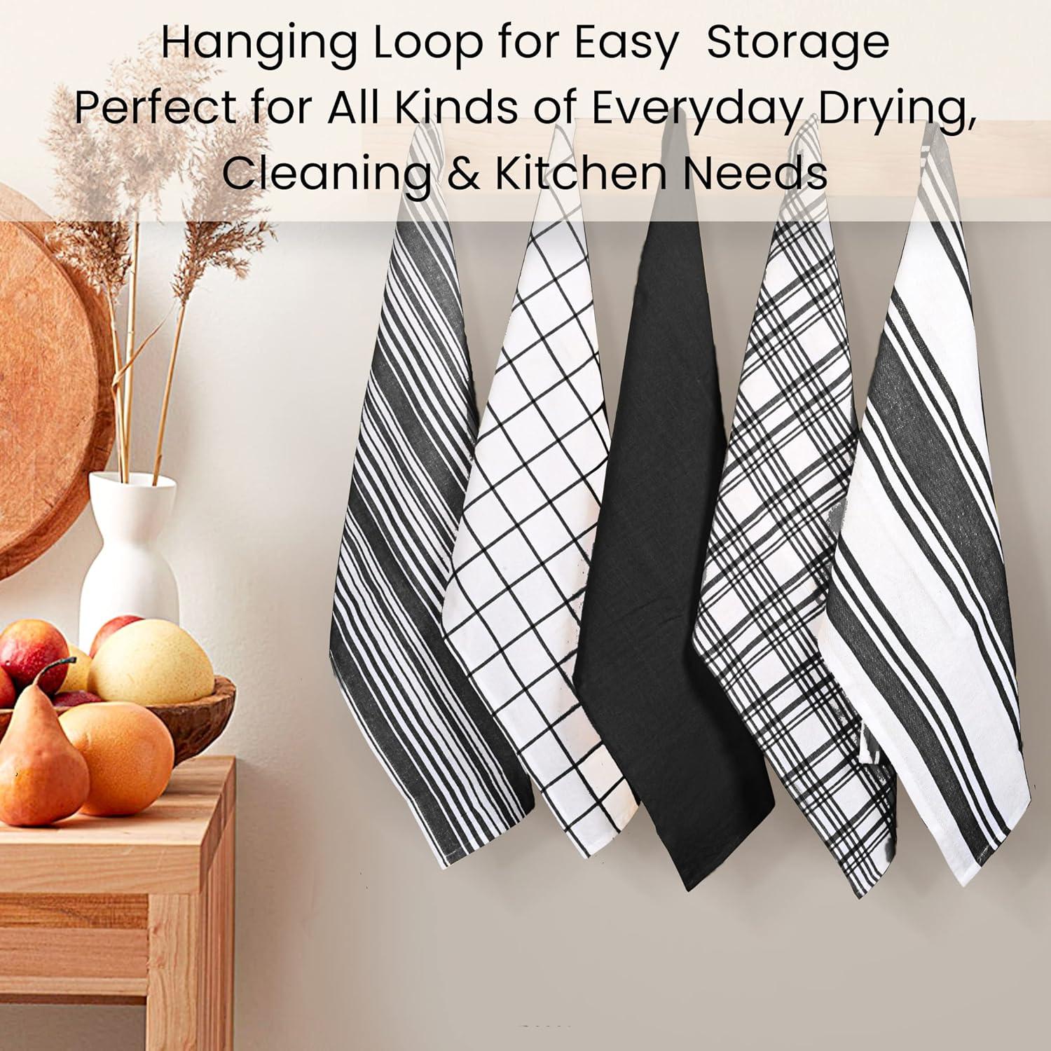 Cotton Clinic Assorted Kitchen Linen 5 Pack Soft Absorbent Quick Drying Table & Kitchen Towels with Hanging Loop 16x28 / Navy White