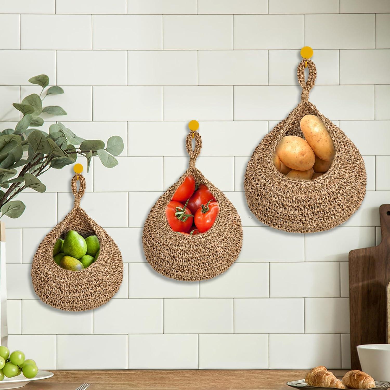 Hanging Fruit Baskets For Kitchen, 3 Pack Wall Hanging Fruit Baskets Boho Hanging Wall Basket, Hanging Kitchen Baskets For Fruits, Vegetables And Onion Storage