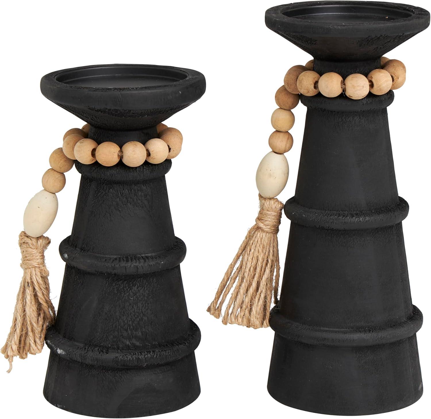 DecMode 2-Slot Brown Wood Tealight Hurricane Lamp, Set of 2