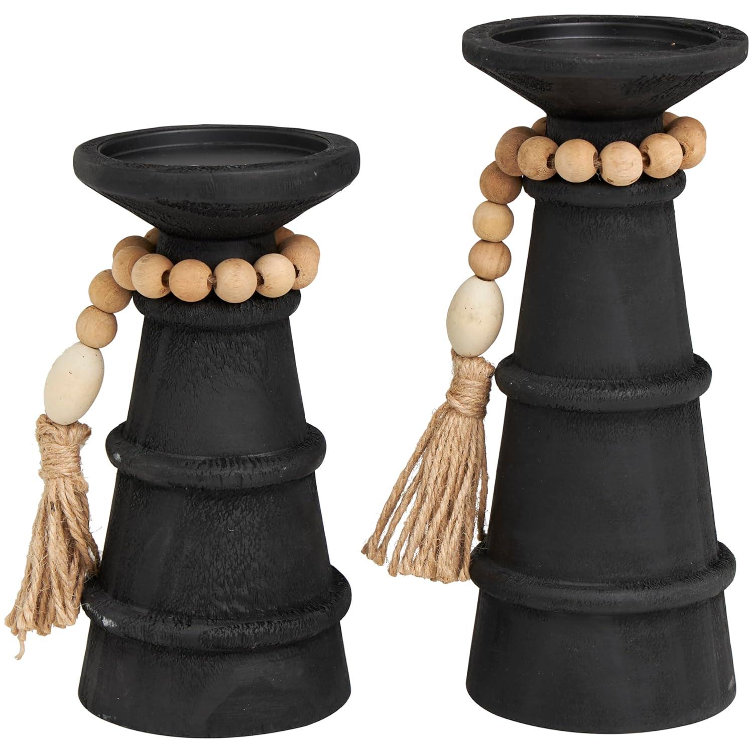 DecMode 2-Slot Brown Wood Tealight Hurricane Lamp, Set of 2