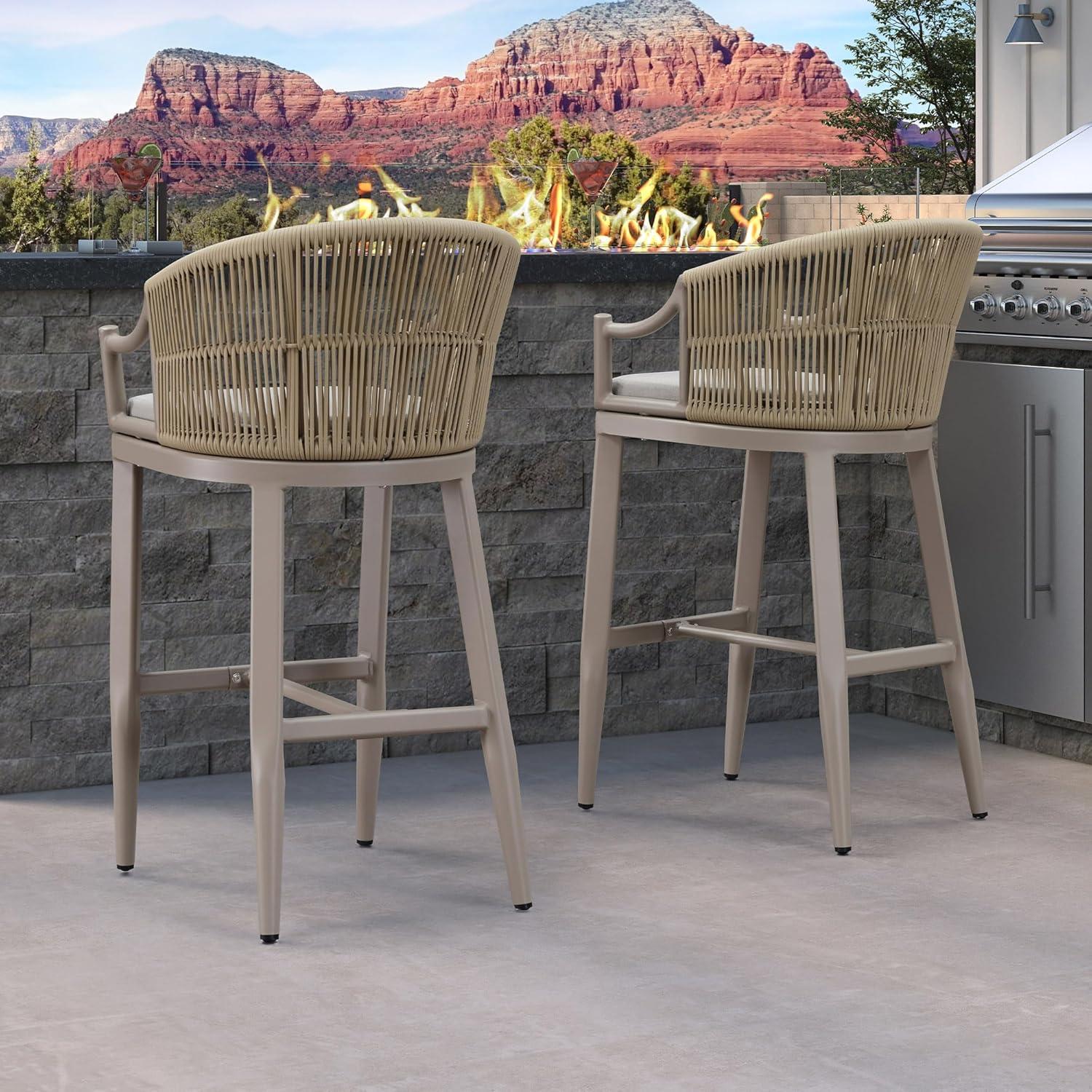 PURPLE LEAF Counter Height Bar Stools Set of 2 Patio Rattan Bar Stool Chairs Outdoor Modern Boho Barstools with Backs and Ergonomic Armrest for Balcony Garden Indoor Kitchen Island, Champagne