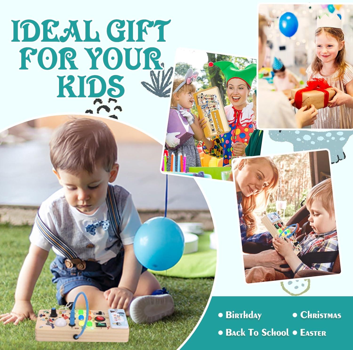 Montessori Wooden Busy Board with 8 LED Light switches, Sensory Toys Light Switch Travel Toys for 1+ Year Old Baby and Toddler