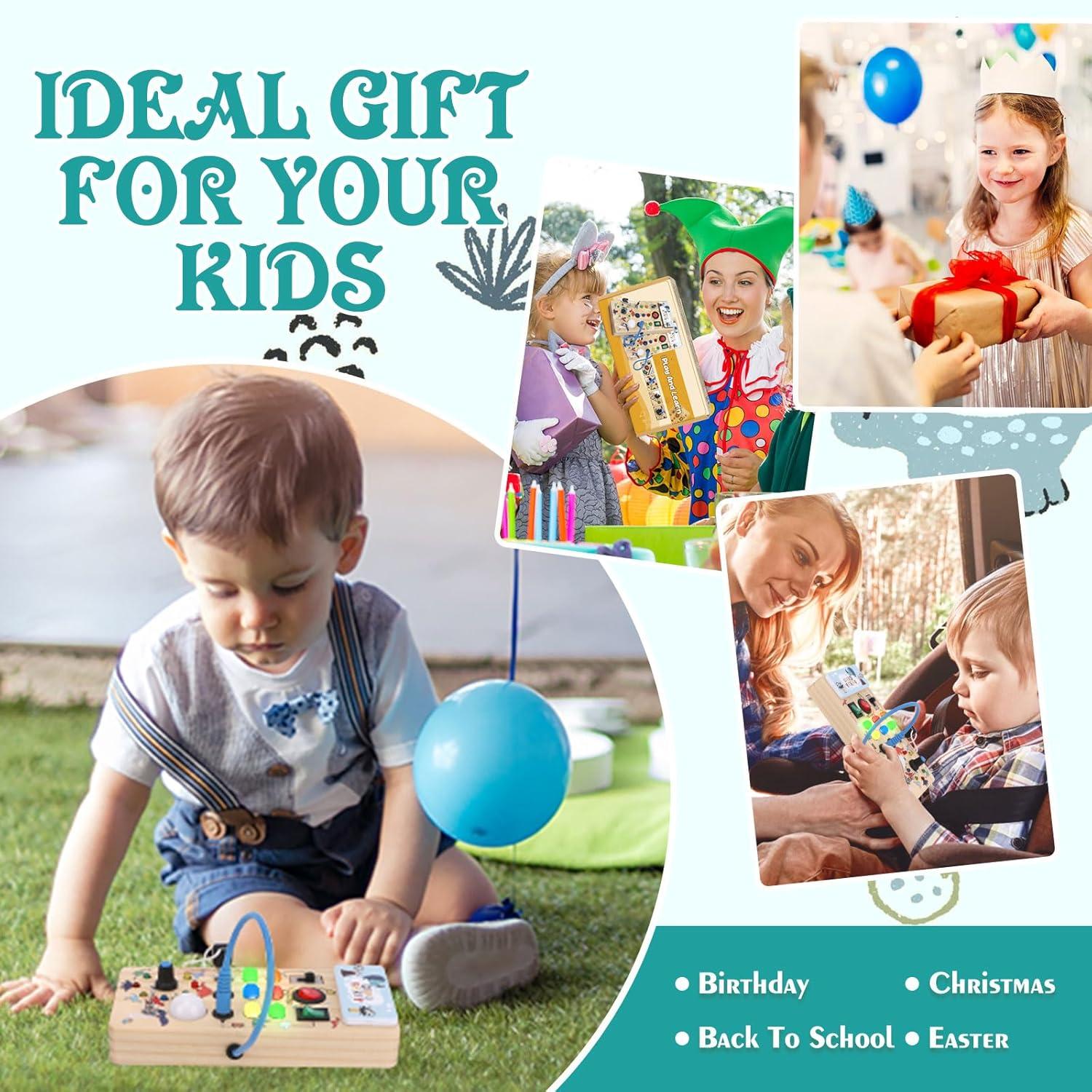 Montessori Wooden Busy Board with 8 LED Light switches, Sensory Toys Light Switch Travel Toys for 1+ Year Old Baby and Toddler