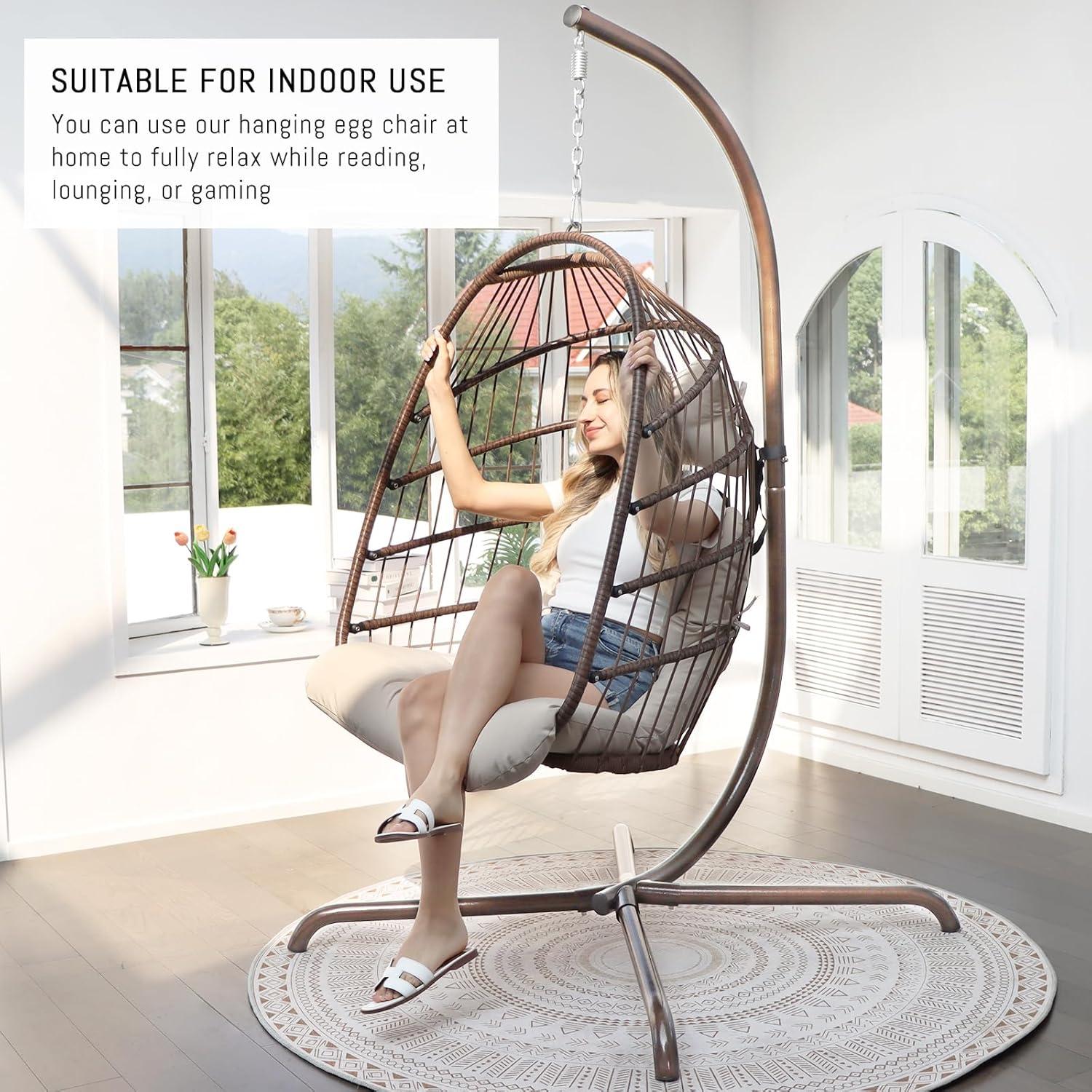 RADIATA Outdoor Foldable Hanging Egg Chair with Stand, PE Wicker Swing Chair with Cushion and Headrest, 350 lbs Capacity, Beige