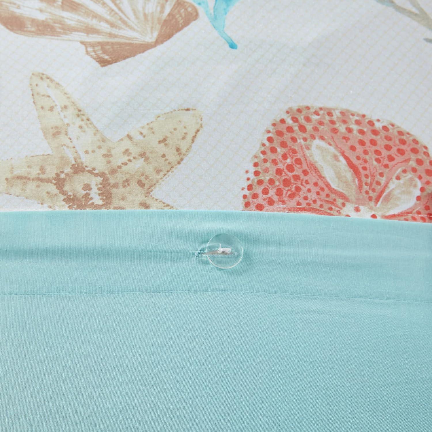 Coral and Teal Coastal Cotton Duvet Cover Set, Full/Queen, 6 Pieces