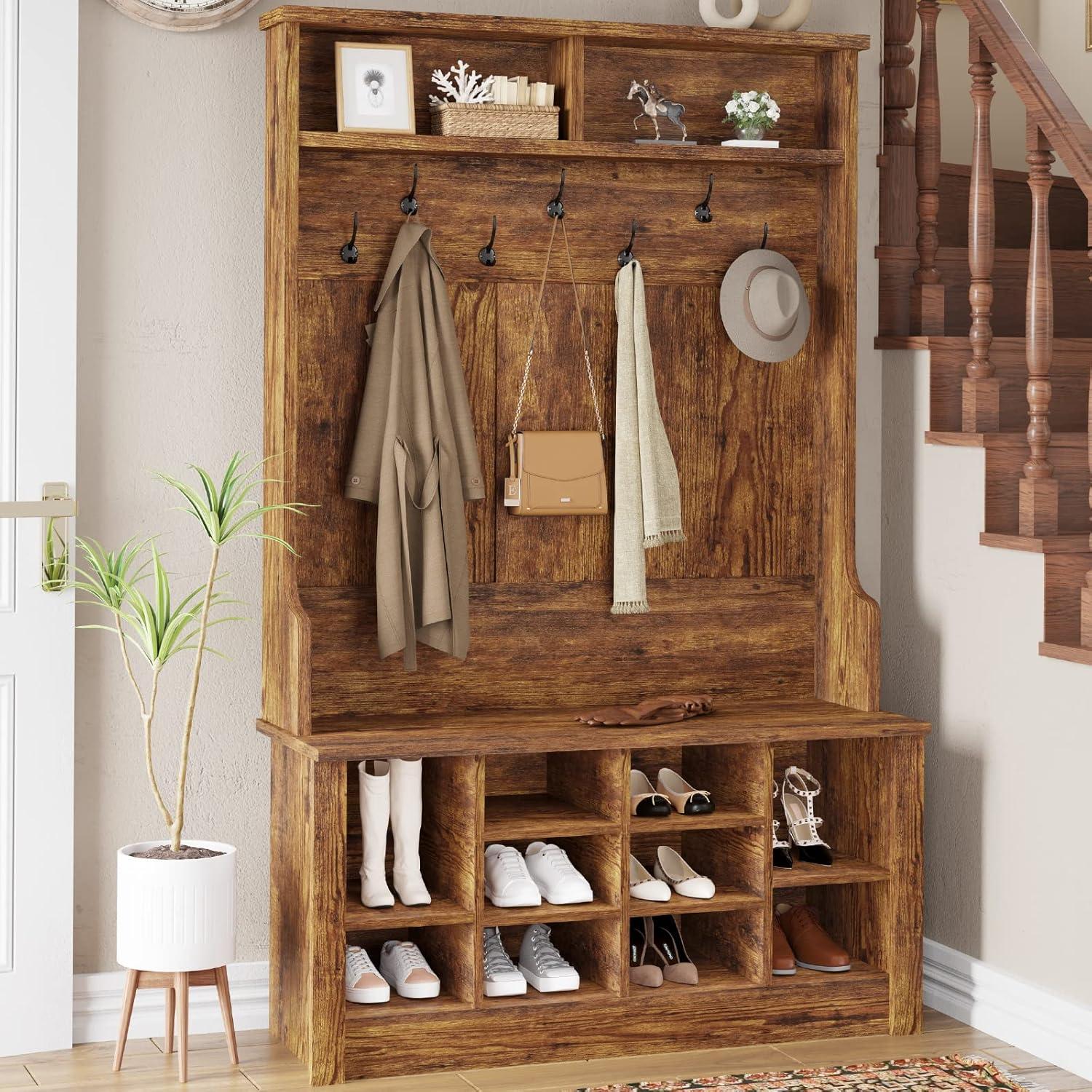 Brown Particle Board Hall Tree with Bench and Storage