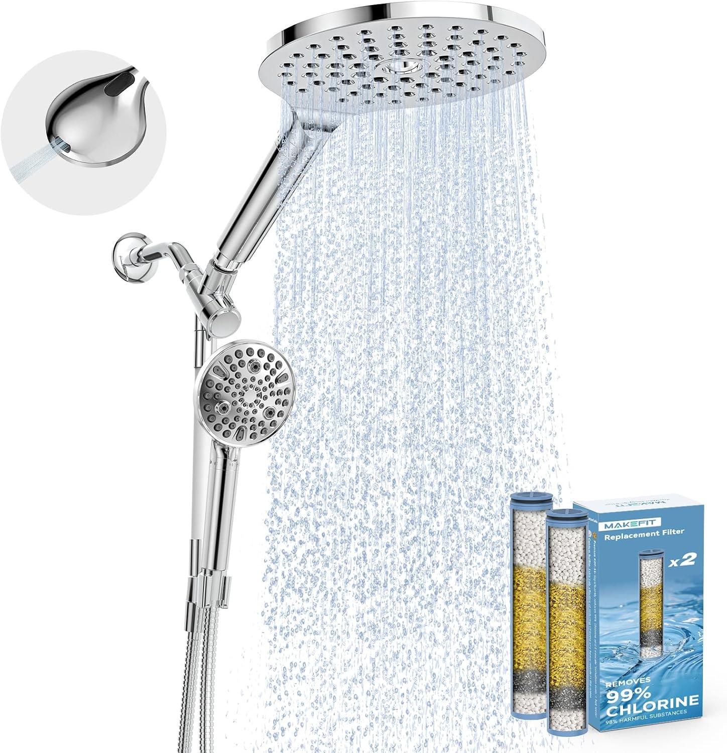 Dual Handheld Shower Head Combo, 2-in-1 Rain Shower Heads System 8 Inch Rainfall Shower Head and 10 Modes High Pressure Hand Held Showerhead with Built-in Power Wash