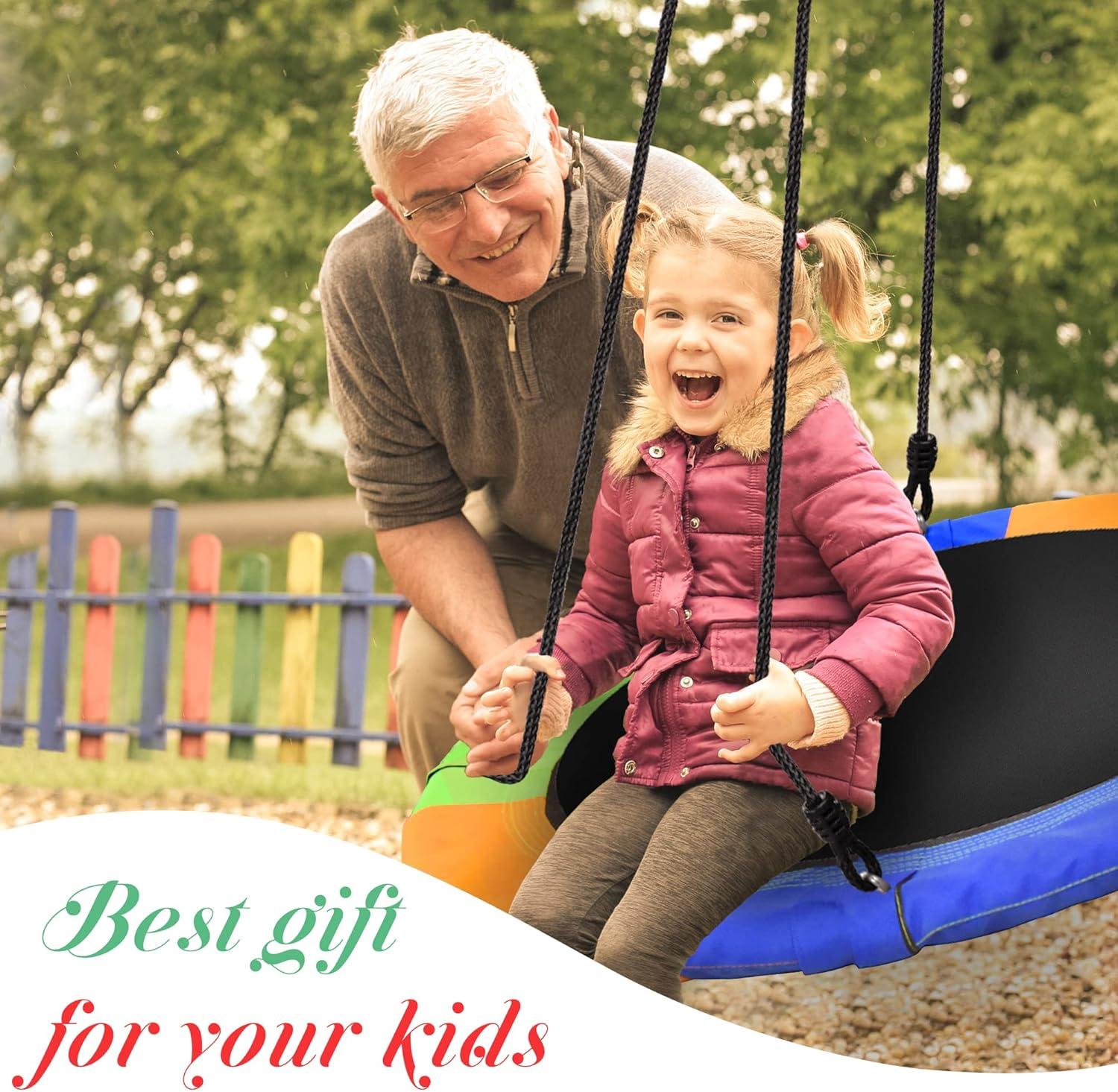 PACEARTH 40 Inch Saucer Tree Swing Flying 900lb Weight Capacity 2 Added Hanging Straps Adjustable Multi-Strand Ropes Colorful Safe and Durable Swing Seat for Children