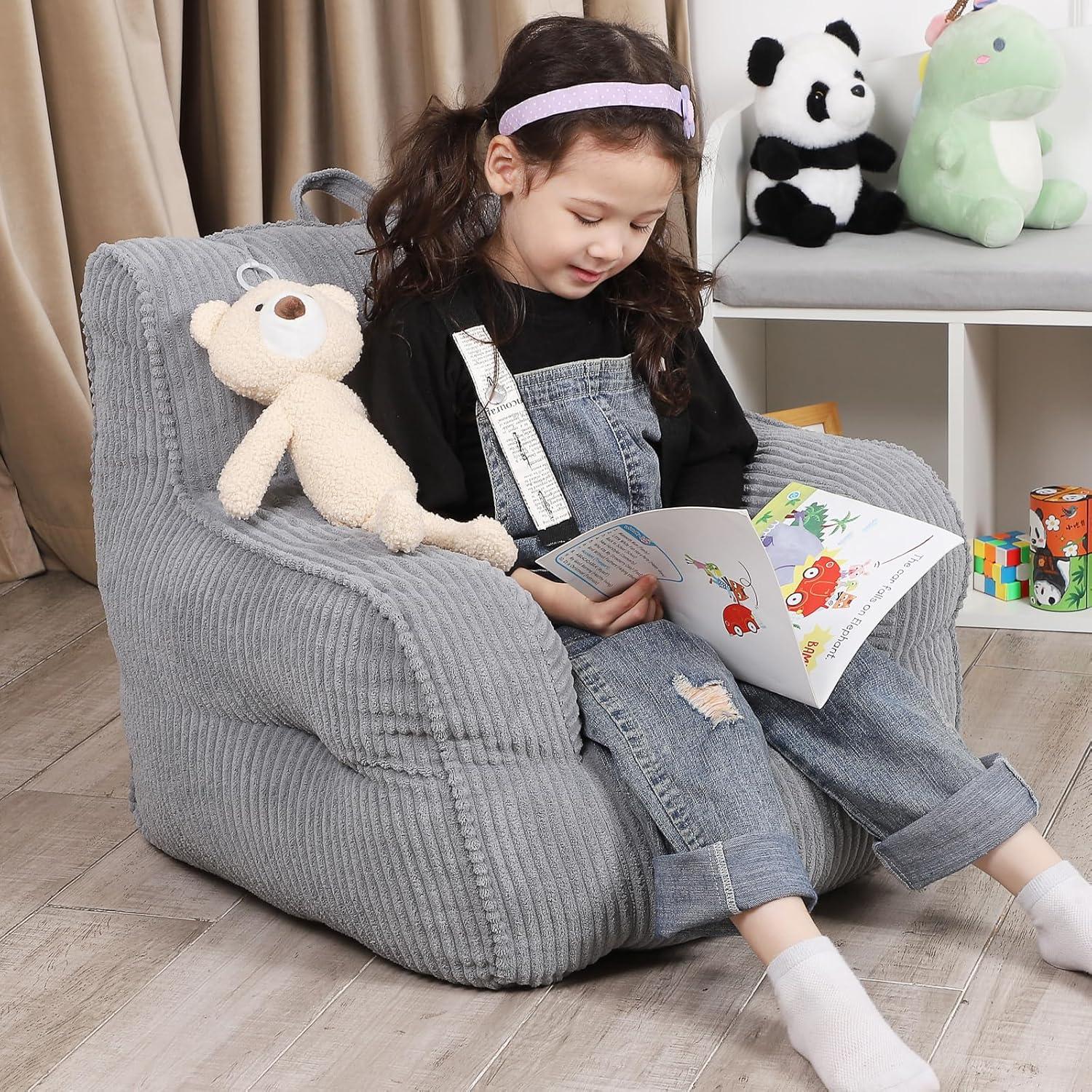 Grey Kids Bean Bag Chair with Plush Bear and Soft Fabric