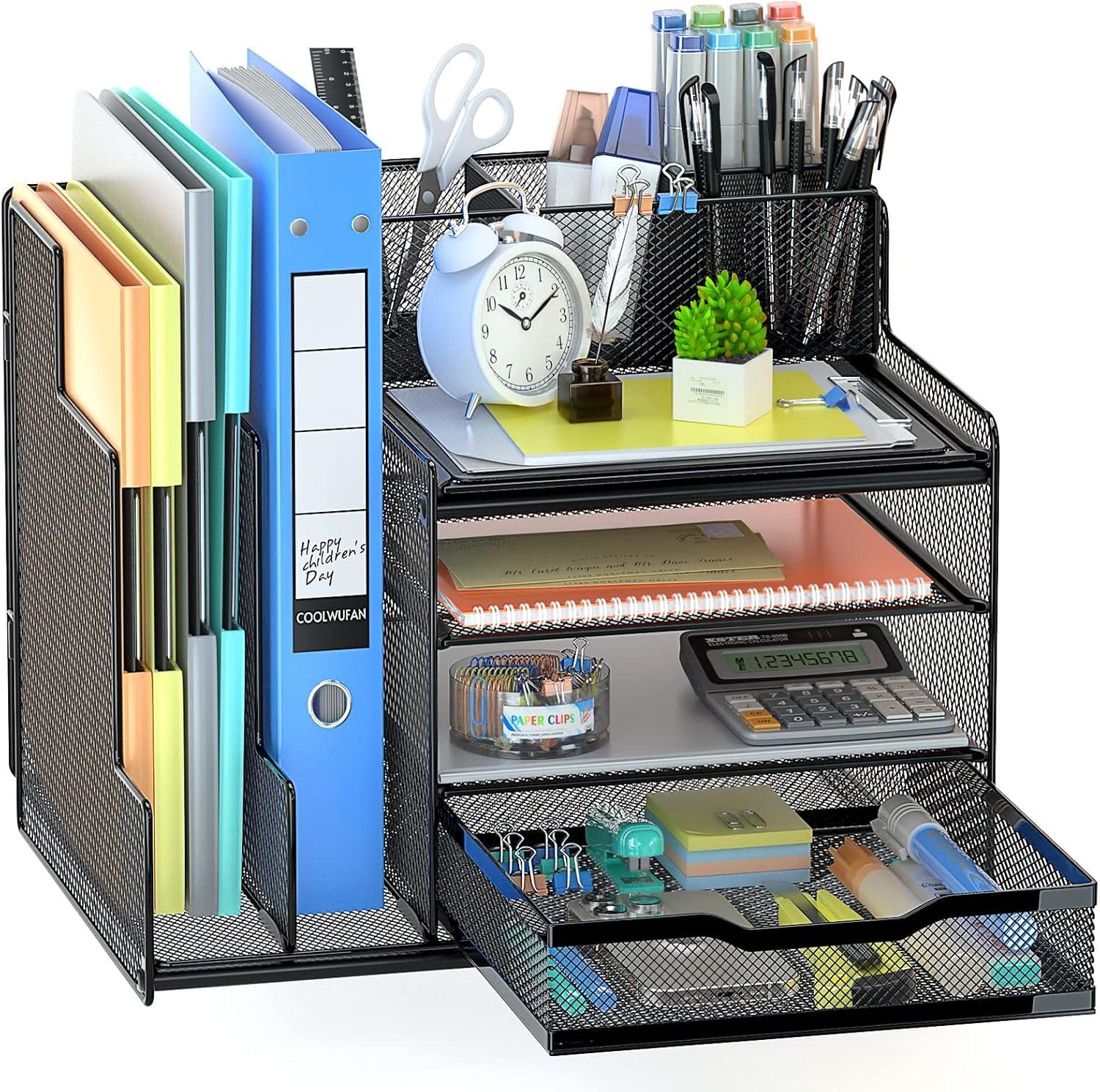 VIVSOL Desk Organizer with Mesh File Holder, 4-Tier Office Supplies Desk Organizers and Accessories with Sliding Drawers & Pen Holder, Desk File Organizer and Storage for Office, School, Home, Black