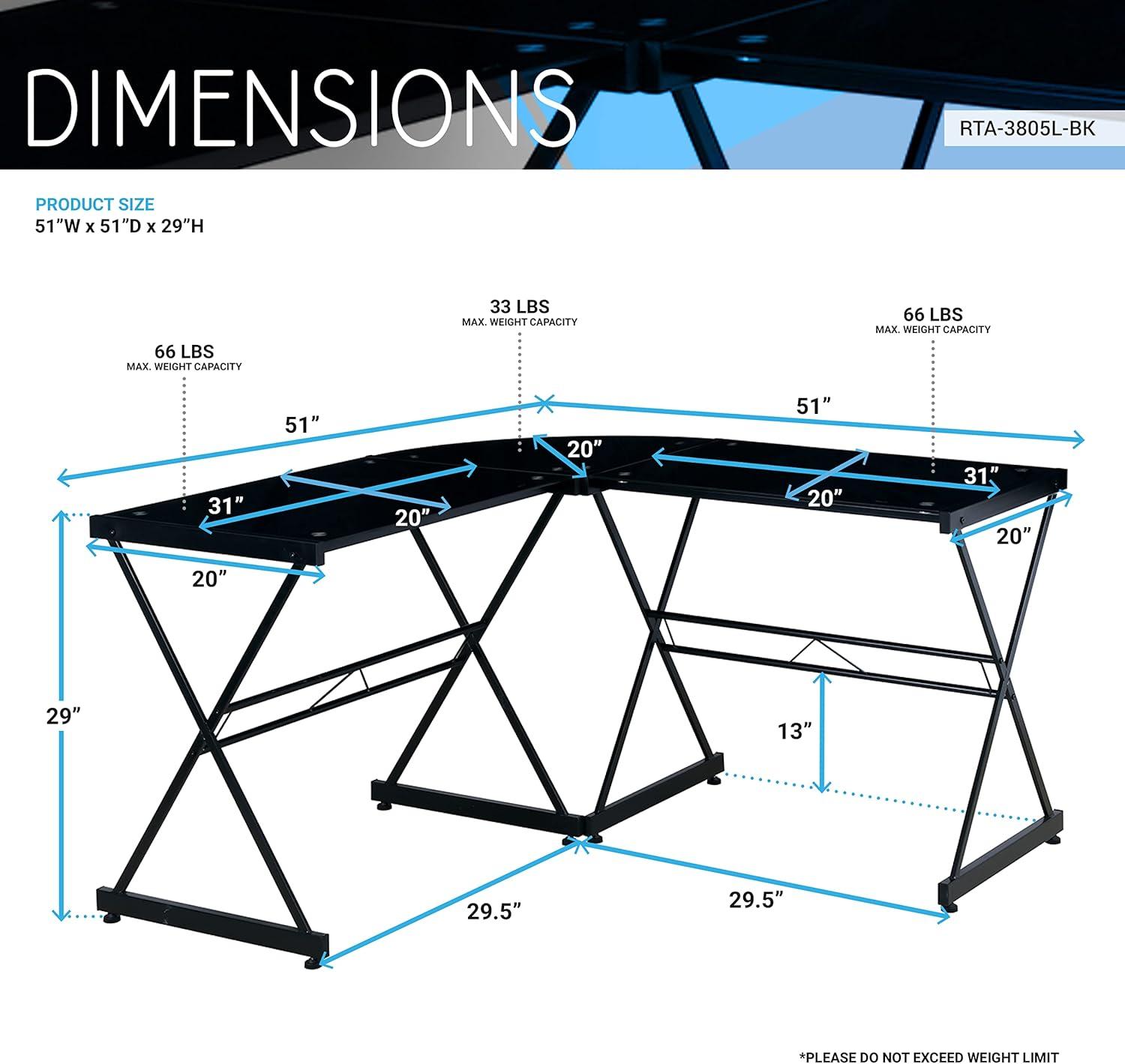 L Shaped Glass Computer Desk Black - Techni Mobili: Modern Office, Tempered Top, Steel Frame, Open Storage Shelf