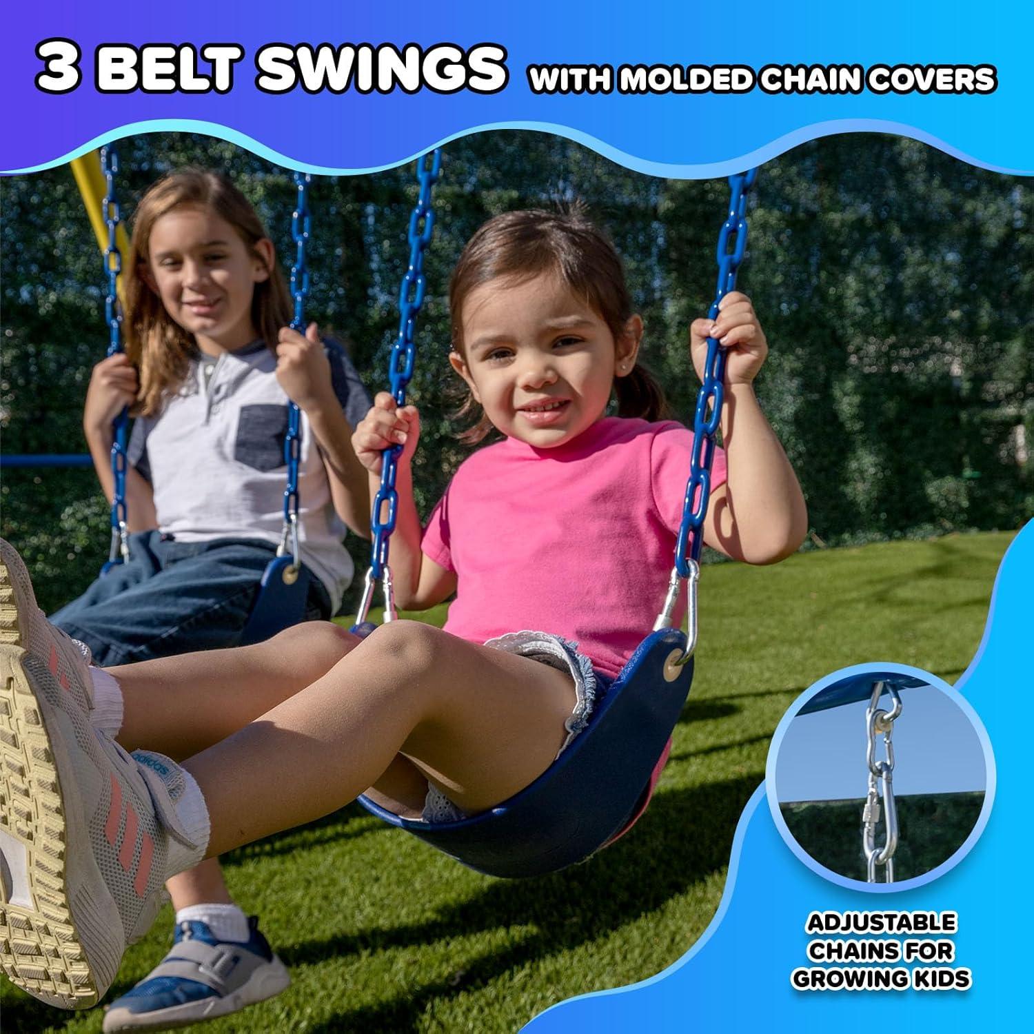 Sportspower Albany Metal Swing Set with 2 Person Glider Swing, 2 Adjustable Sling Swing Seats, 5' Double Wall Slide with Lifetime Warranty, & Bonus Anchor Kit, Great for Kids 3-8
