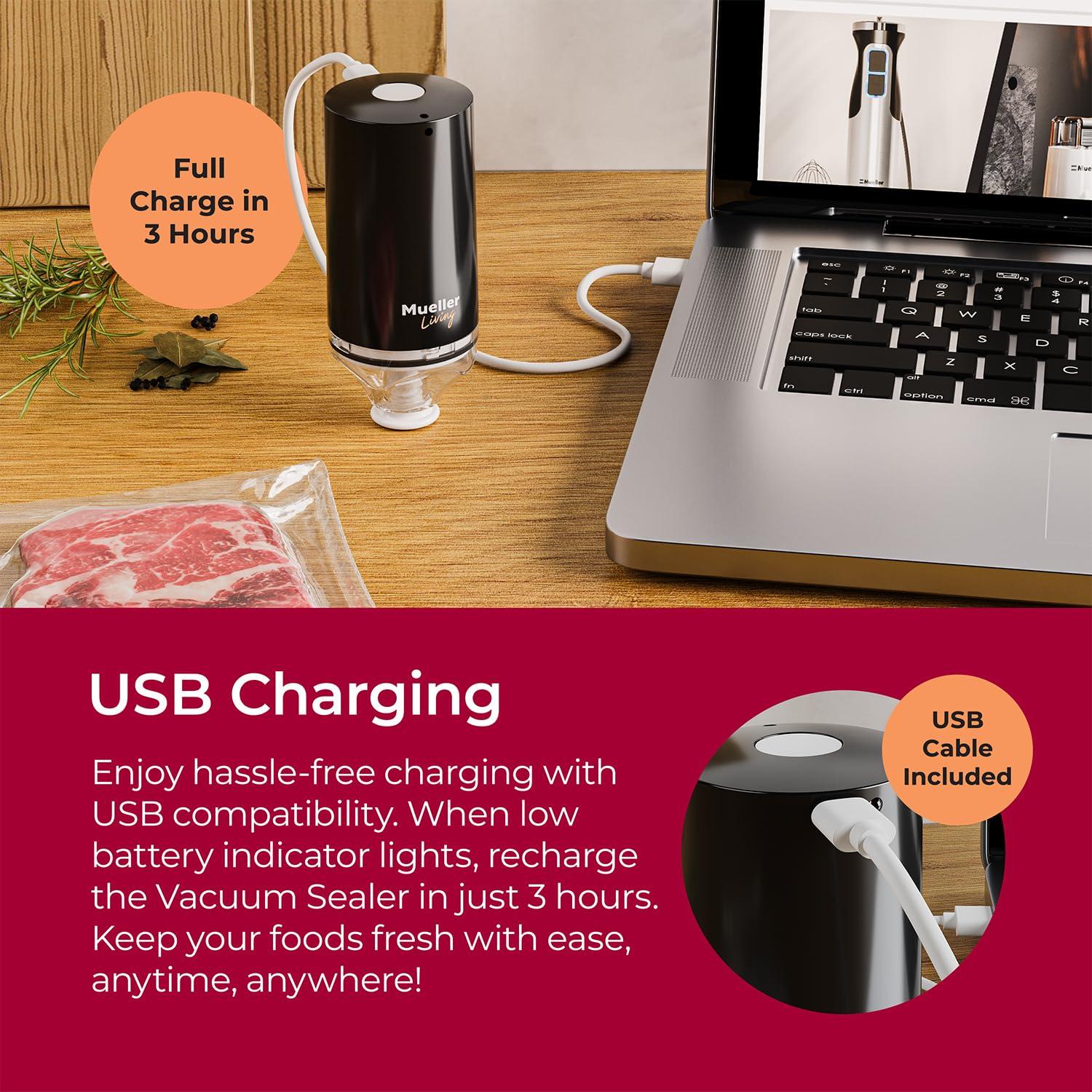 Mueller Food Storage Vacuum Sealer, Cordless with 4 Starter Bags, Black