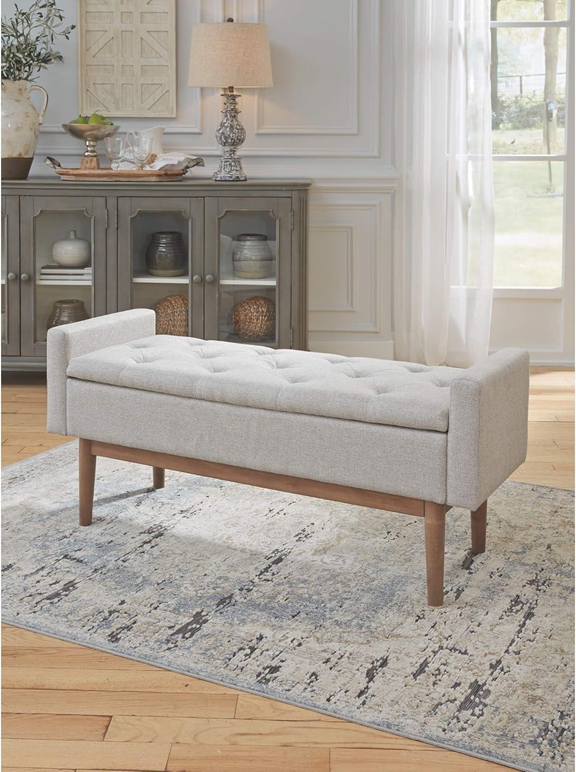 Beige and Brown Tufted Upholstered Storage Bench with Wood Legs