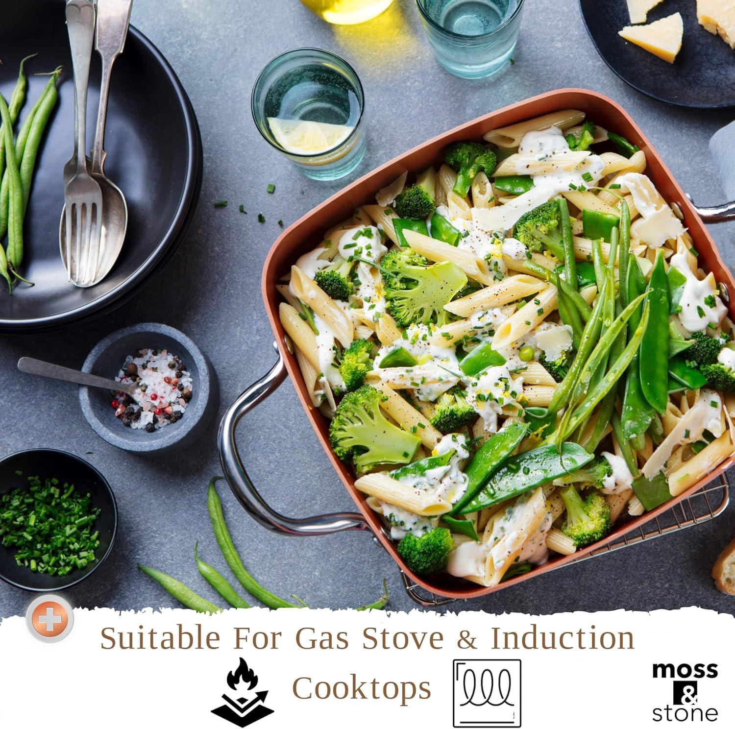 Moss & Stone Copper 6 Piece Set Chef Cookware, Non Stick Pan, Deep Square Pan, Fry Basket, Steamer Tray, Dishwasher & Oven Safe, 5 Quart Copper Pot Set, 9.5" Copper Induction Cookware Set