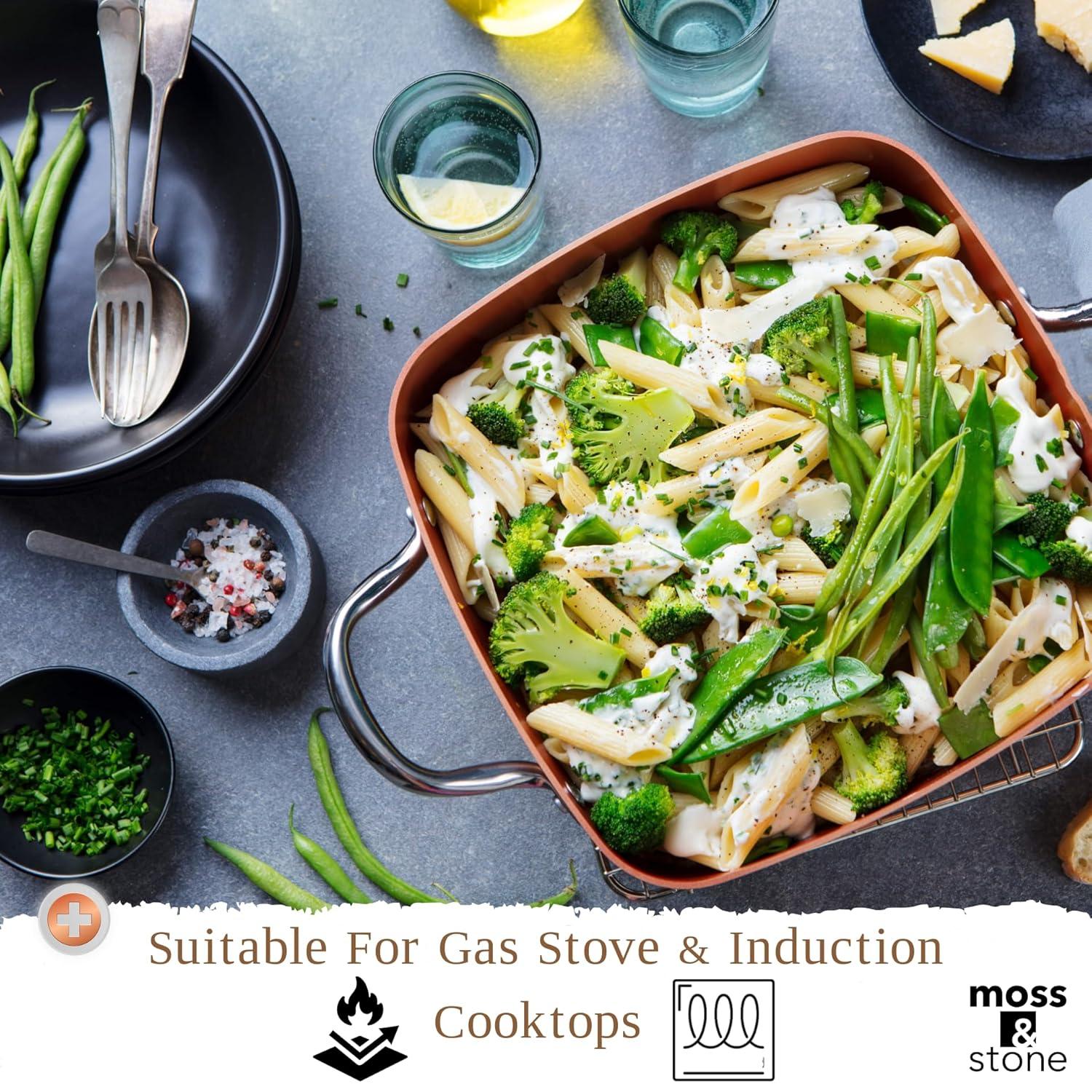 Moss & Stone Copper 6 Piece Set Chef Cookware, Non Stick Pan, Deep Square Pan, Fry Basket, Steamer Tray, Dishwasher & Oven Safe, 5 Quart Copper Pot Set, 9.5" Copper Induction Cookware Set